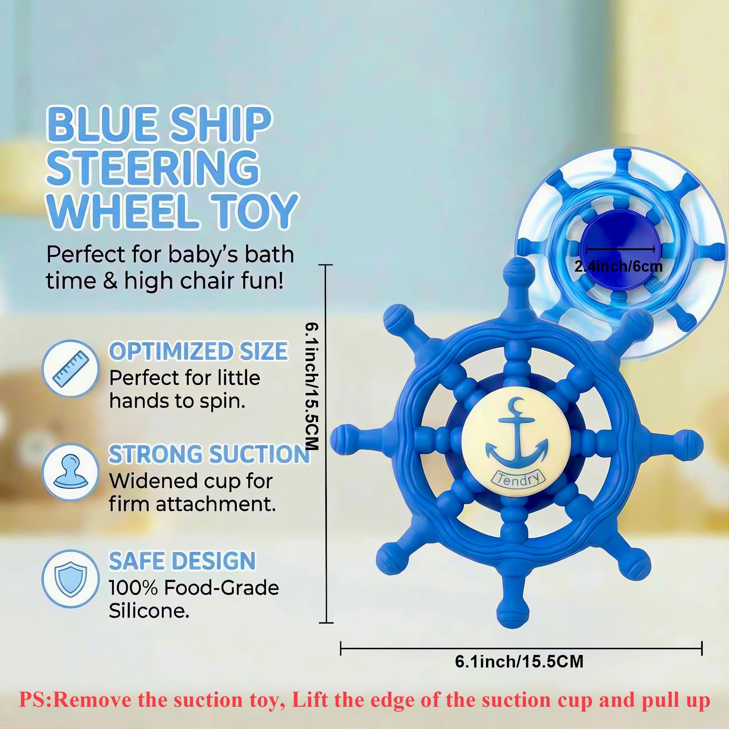 Baby Suction Spinner Toys for Bathtub, Silicone Toddler Bath & High Chair Toys for 1 Year Old Boy/Girl Birthday Gift, Interactive Ship Steering Wheel InfantToy for Car Window Travel-Blue