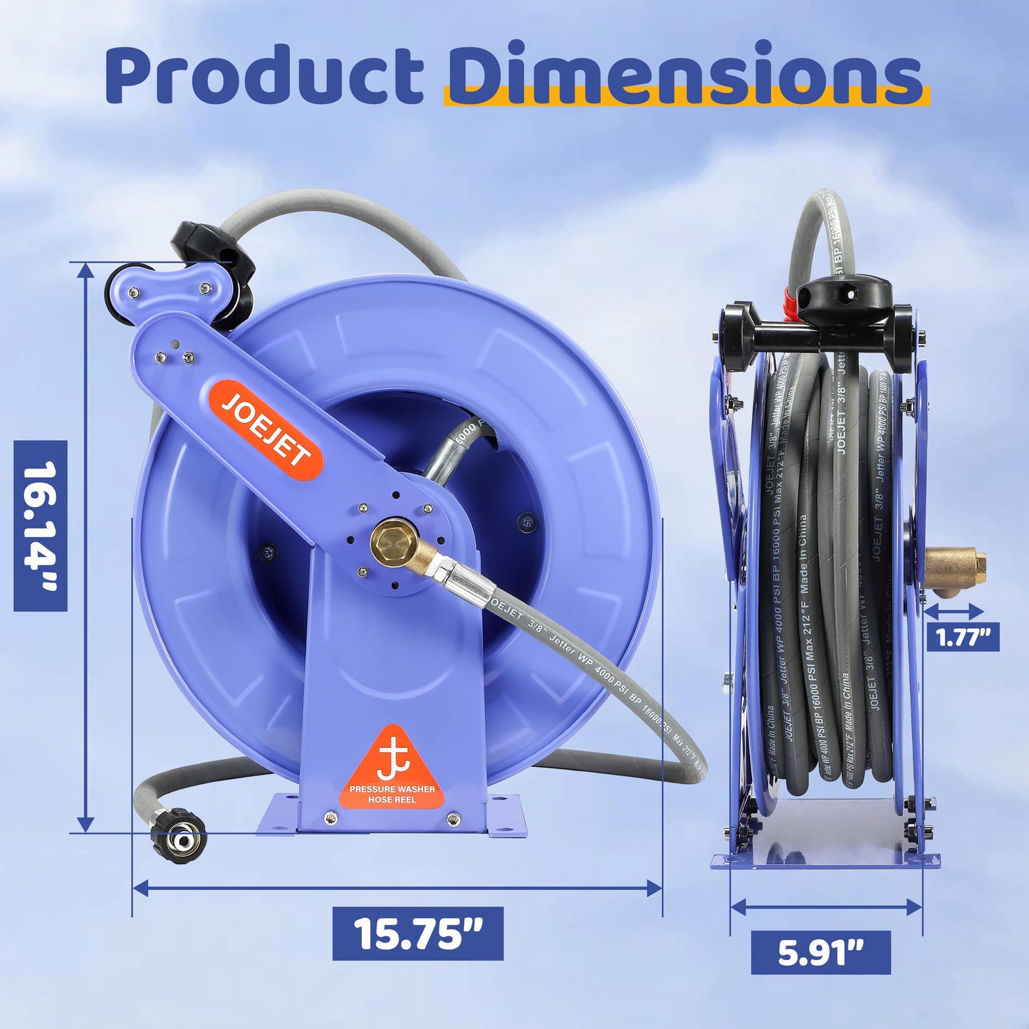 JOEJET Retractable Pressure Washer Hose Reel, 3/8" x 50 FT Power Washer Hose Reel with Hose, Wall/Floor Mounted, 4000 PSI, Blue