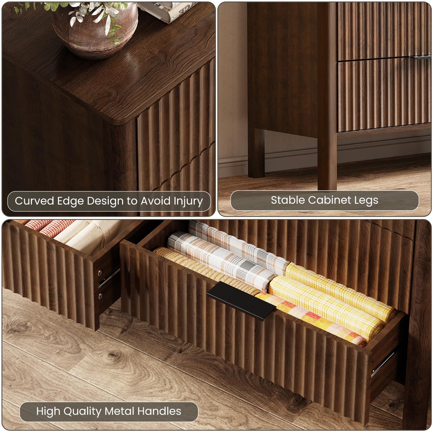 55" Wide Fluted 6 Drawer Dresser for Bedroom, Wooden Dresser Modern Chest of Drawers TV Stand Dressers with Organizer Storage for Bedroom, Living Room, Entryway, Hallway, Walnut