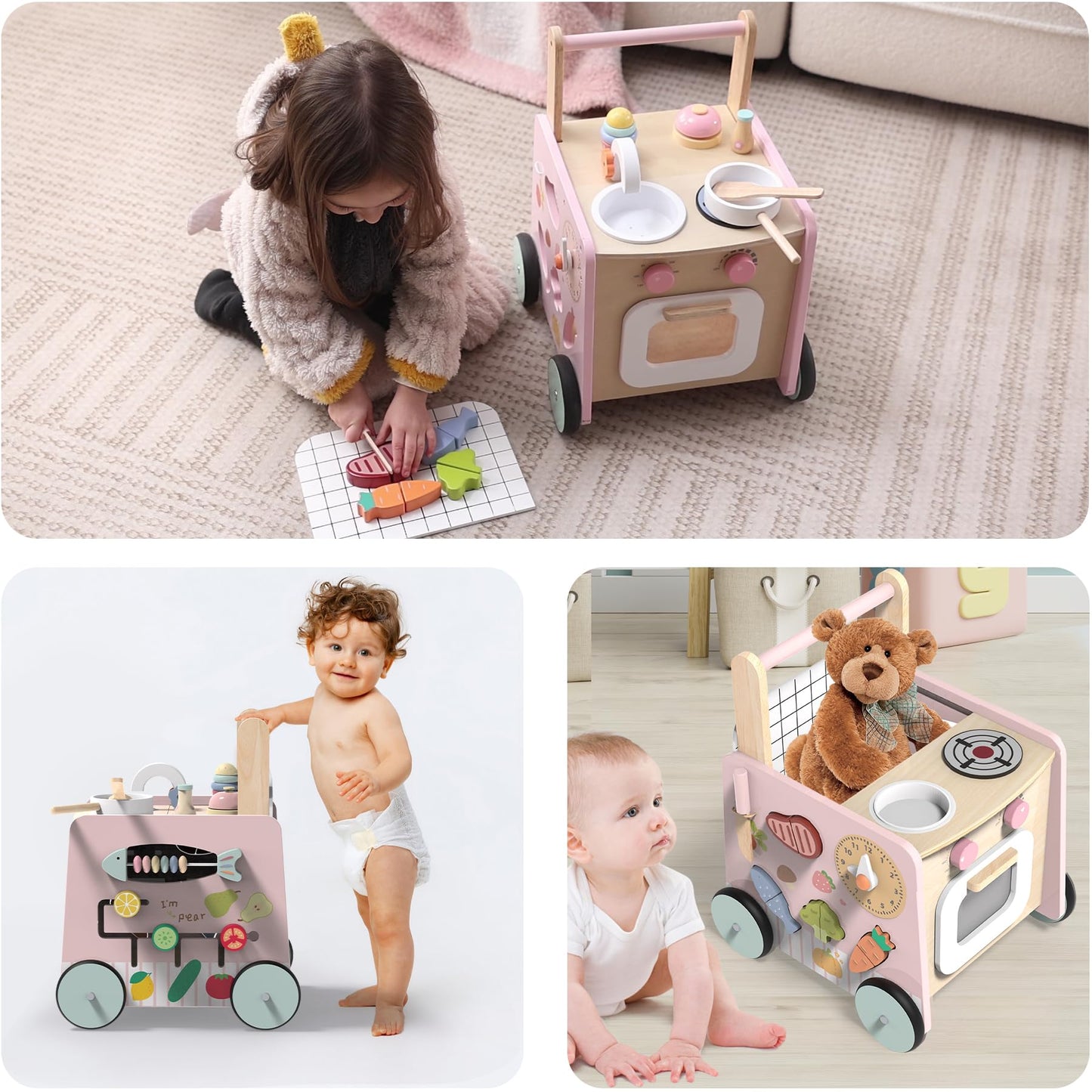 wiqins Wooden Baby Walker 9-in-1 Activity Center with Toddlers Montessori Sensory Toys and Play Kitchen Push Walker for Kids with Wheels and Storage Space, Ideal Gift for Girls Boys Ages 6-36 Month