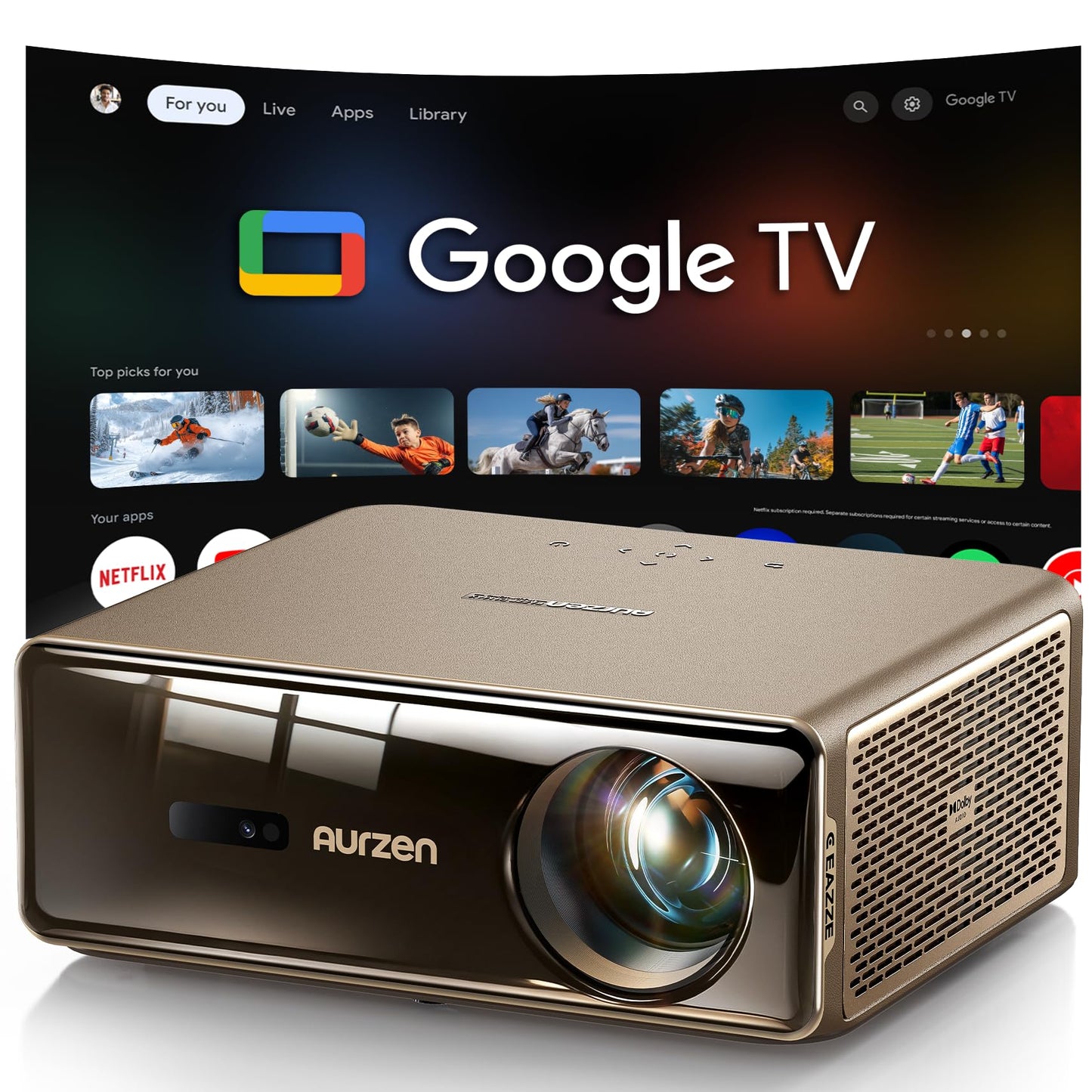 Aurzen EAZZE D1 MAX Upgraded Google TV Smart Projector 4K Supported, Ultra-Bright 1000 ANSI Lumens, MEMC Tech, Fully Automatics, 20W DoIby Audio, Home Theater Movie Projector with WiFi and Bluetooth