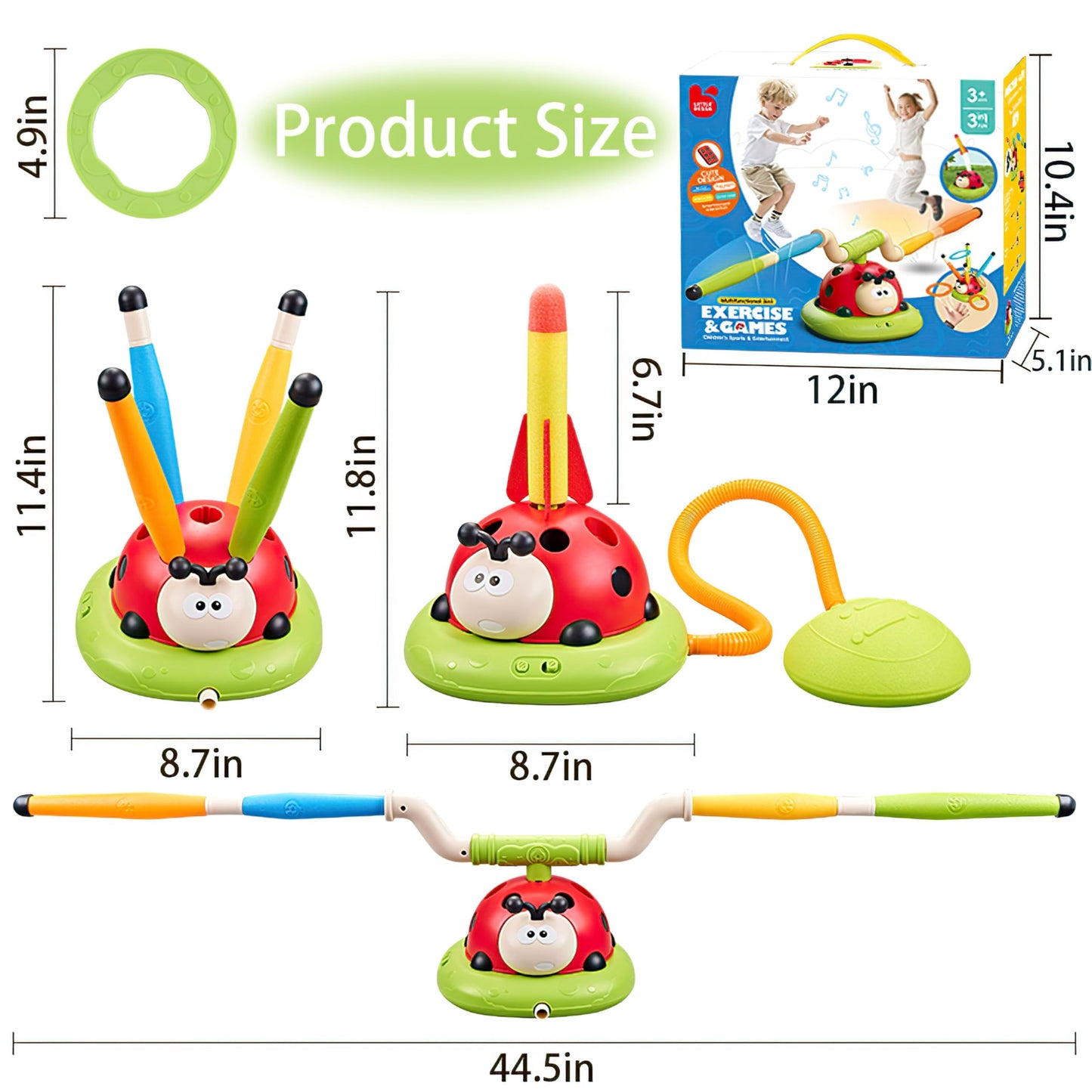Pobaiyi 3 in 1 Musical Jump, Toss Ring Game and Stomping Launch Rocket Launcher for Kids Outdoor Toys with Remote Control, Indoor Outside Toy for Kids Ages 4-8 Toys for Ages 5-7 8-13 Birthday Gifts