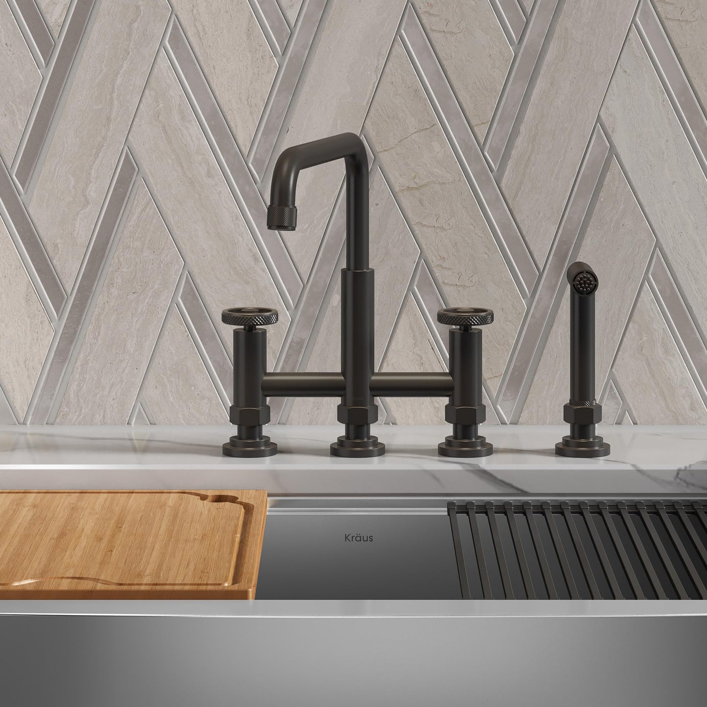 KRAUS Urbix Industrial Bridge Kitchen Faucet with Side Sprayer in Brushed Gold, KPF-3125BG
