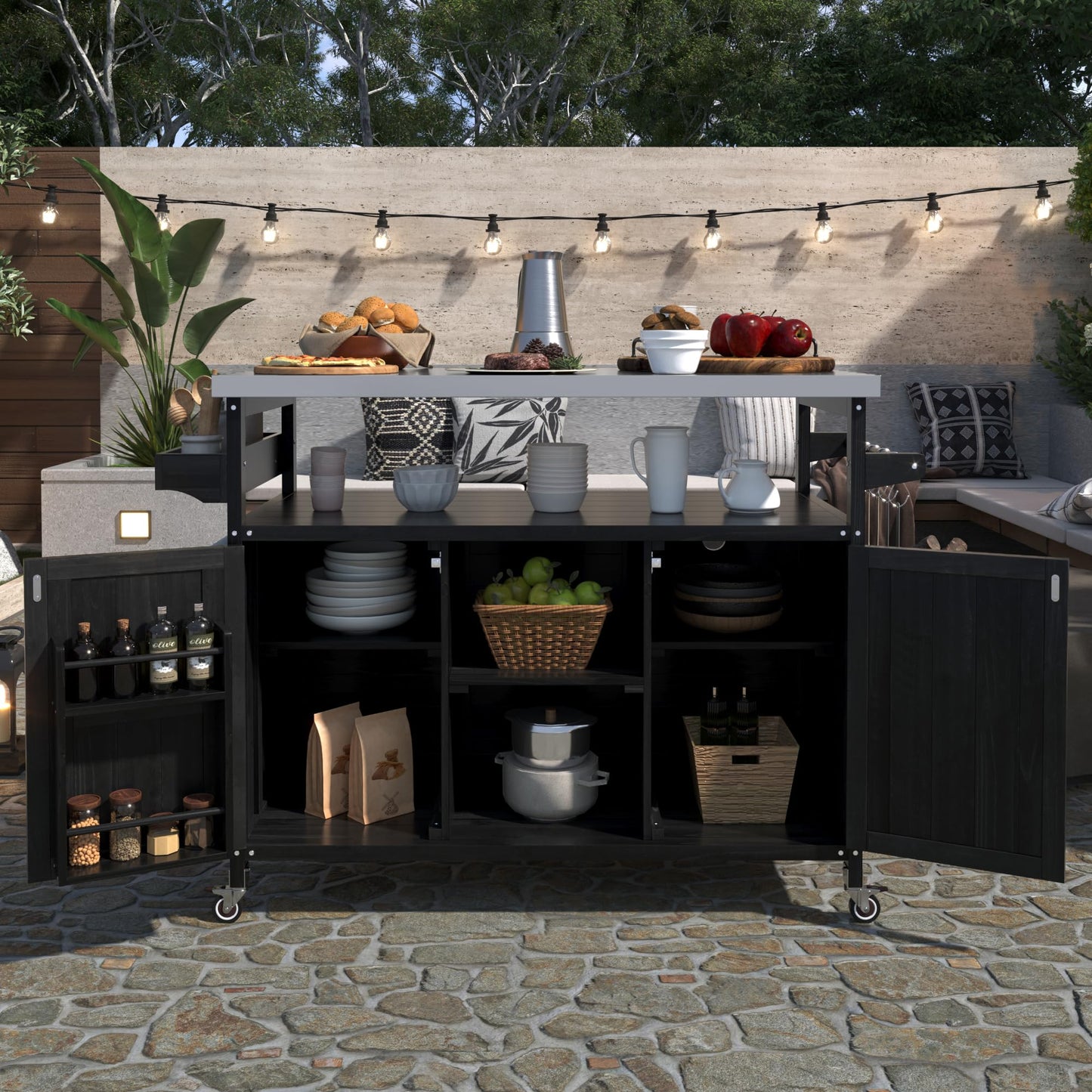 Outdoor Grill Cart with Storage, Farmhouse Outdoor Storage Cabinet with Stainless Steel Top, Wood Bar Patio Kitchen Island with Spice Rack, Towel Holder, Hooks & Locking Wheels for Patio BBQ(Black)