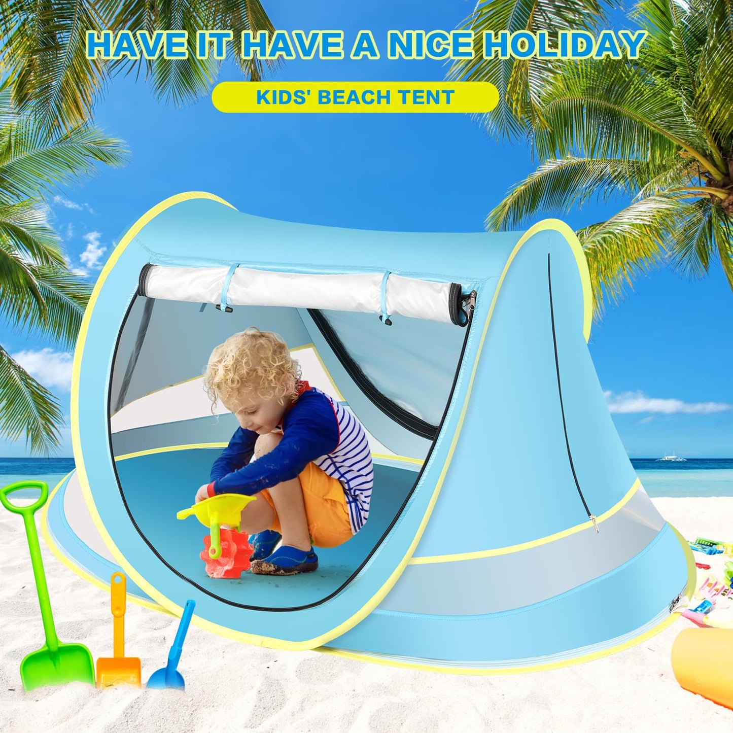 Baby Beach Tent, Pop Up Toddler Travel Tent for Boys or Girls, Sun Shade for Toddler Camping, Infant Portable Sun Shade, Summer Beach Baby (Blue Baby Tent)