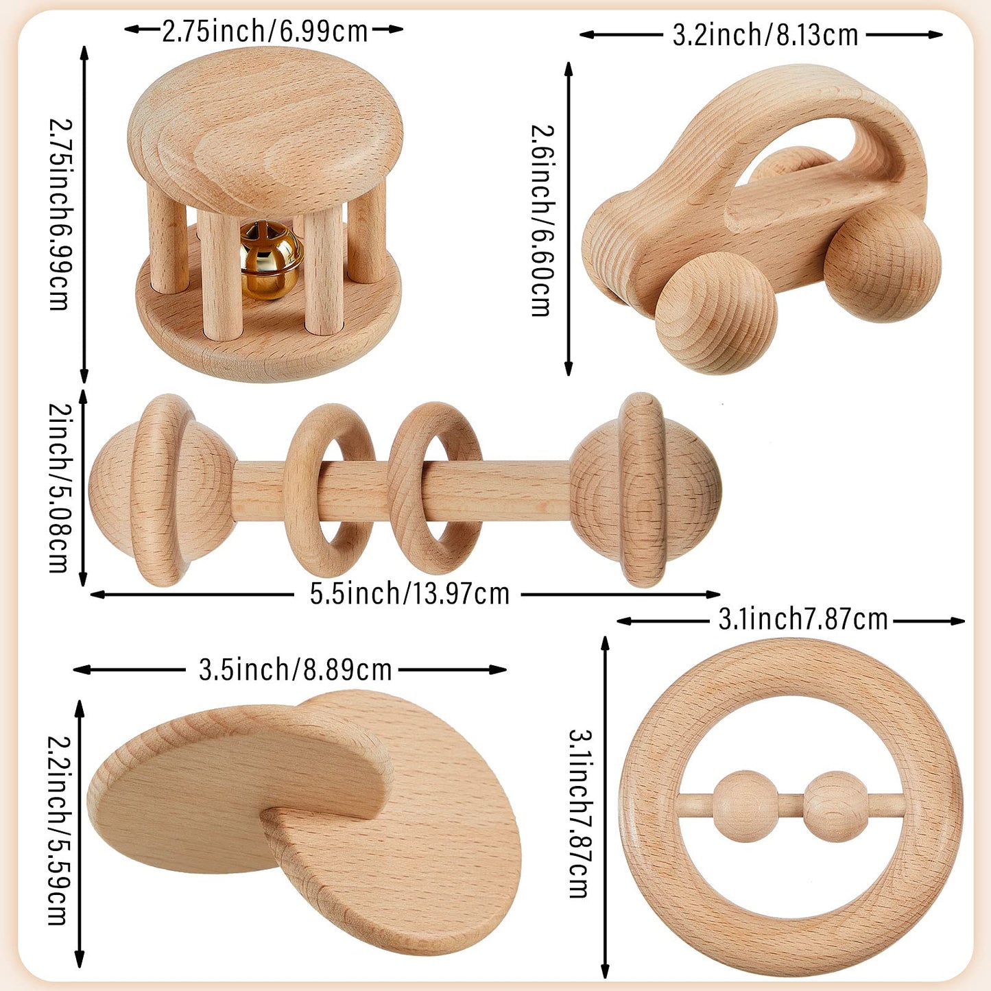 Zhanmai 5 Pieces Wooden Baby Toys Montessori Toys for Babies 0-6-12 Months Toy Rattles with Bells Baby Push Car Wooden Newborn Toy for Toddlers 1-3 Years Old Infant Boys and Girls Gifts