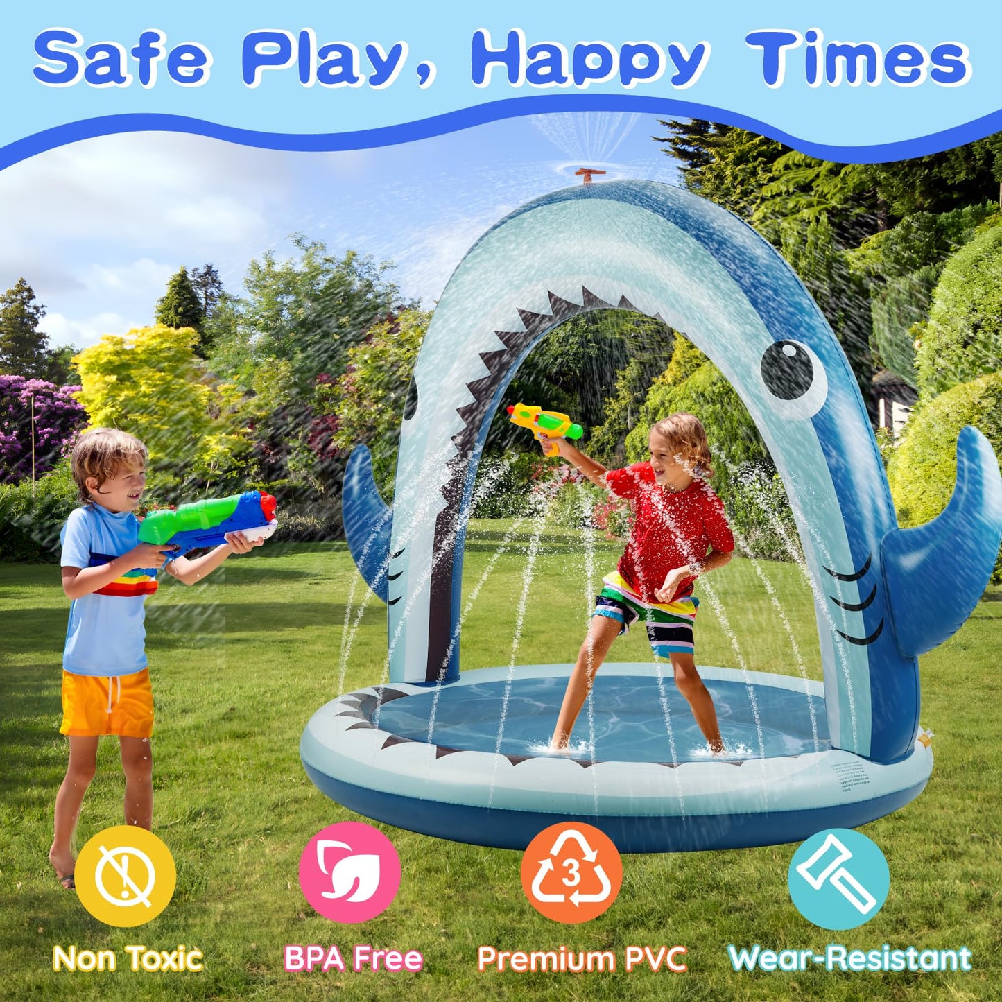 Gleamkid Giant Shark Sprinkler for Kids - Inflatable Water Toys Splash Pad with 360° Spray,4 PCS Plastic Toss Rings,Outside Water Play for Yard,Fun Sprinkler Summer Game Gift Boys or Girls Ages 3-8