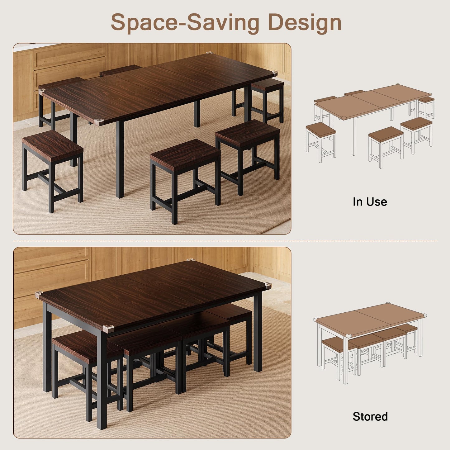 Einhomn 7-Piece Dining Table Set, 63" Extendable Kitchen Room Table with 6 Stools, Mid Century Modern Dinner Table with Metal Frame & MDF Board, Space-Saving, Easy Assembly, Espresso