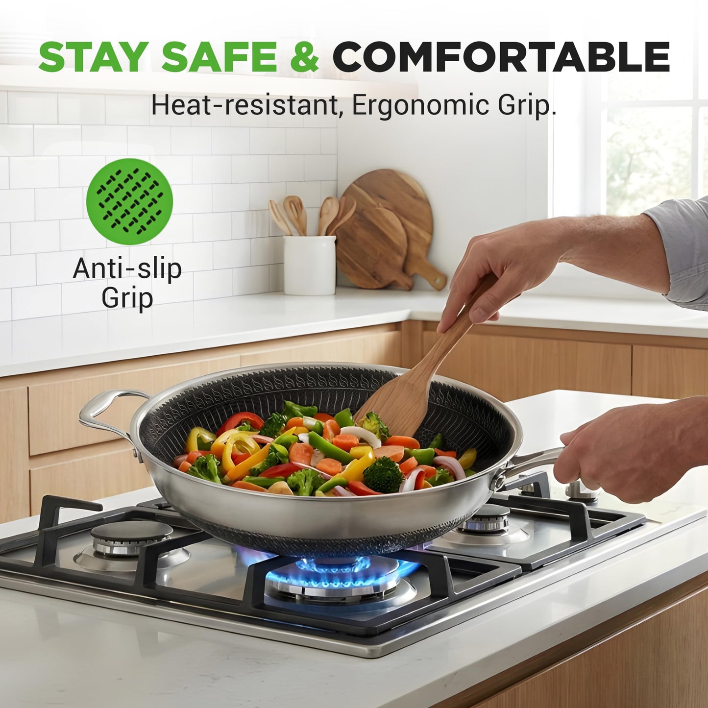 NutriChef 7-Piece Tri-Ply Stainless Steel Frying Pan Set & Wok – Nonstick, Induction Compatible, Oven Safe, Scratch-Resistant, Dishwasher Safe