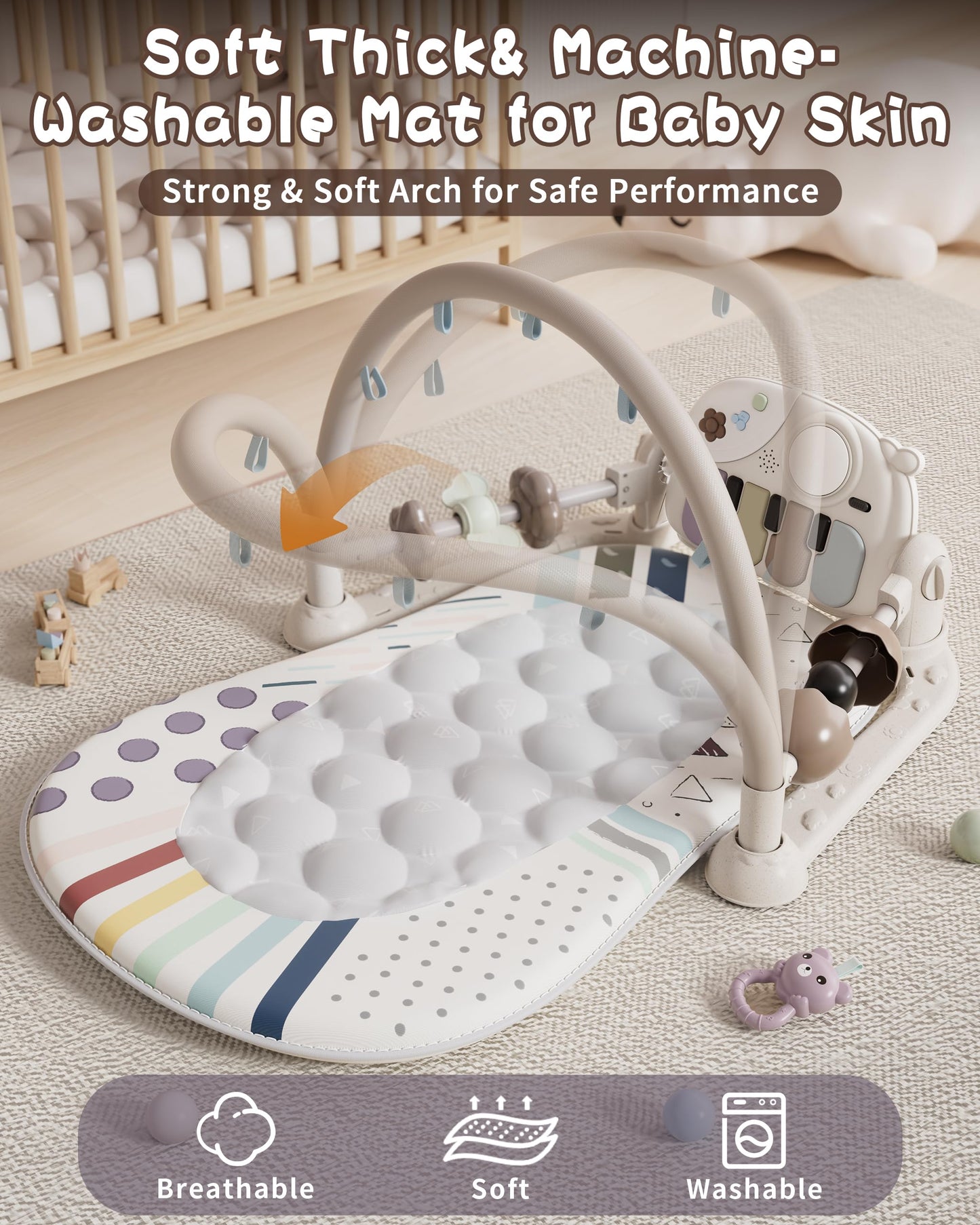 Jovow Baby Gym Play Mat with Detachable Musical Piano, Light Up Activity Center with 4 Rattles & Glowing Night Light, Educational Sensory Toys for Newborns 0-12 Months