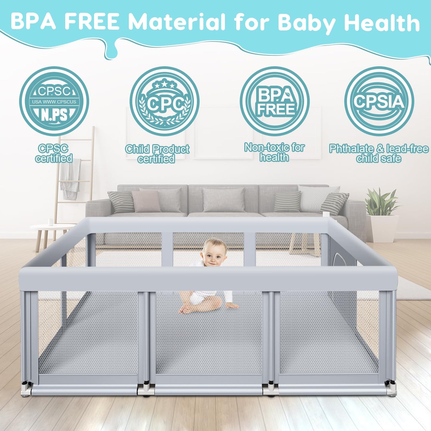 Fshibila 74" ×50" Large Baby Playpen, Baby Playard for Babies and Toddlers, Baby Fence Play Pens for Indoor & Outdoor, Sturdy Safety Play Yard with Soft Breathable Mesh, Anti-Fall, Grey