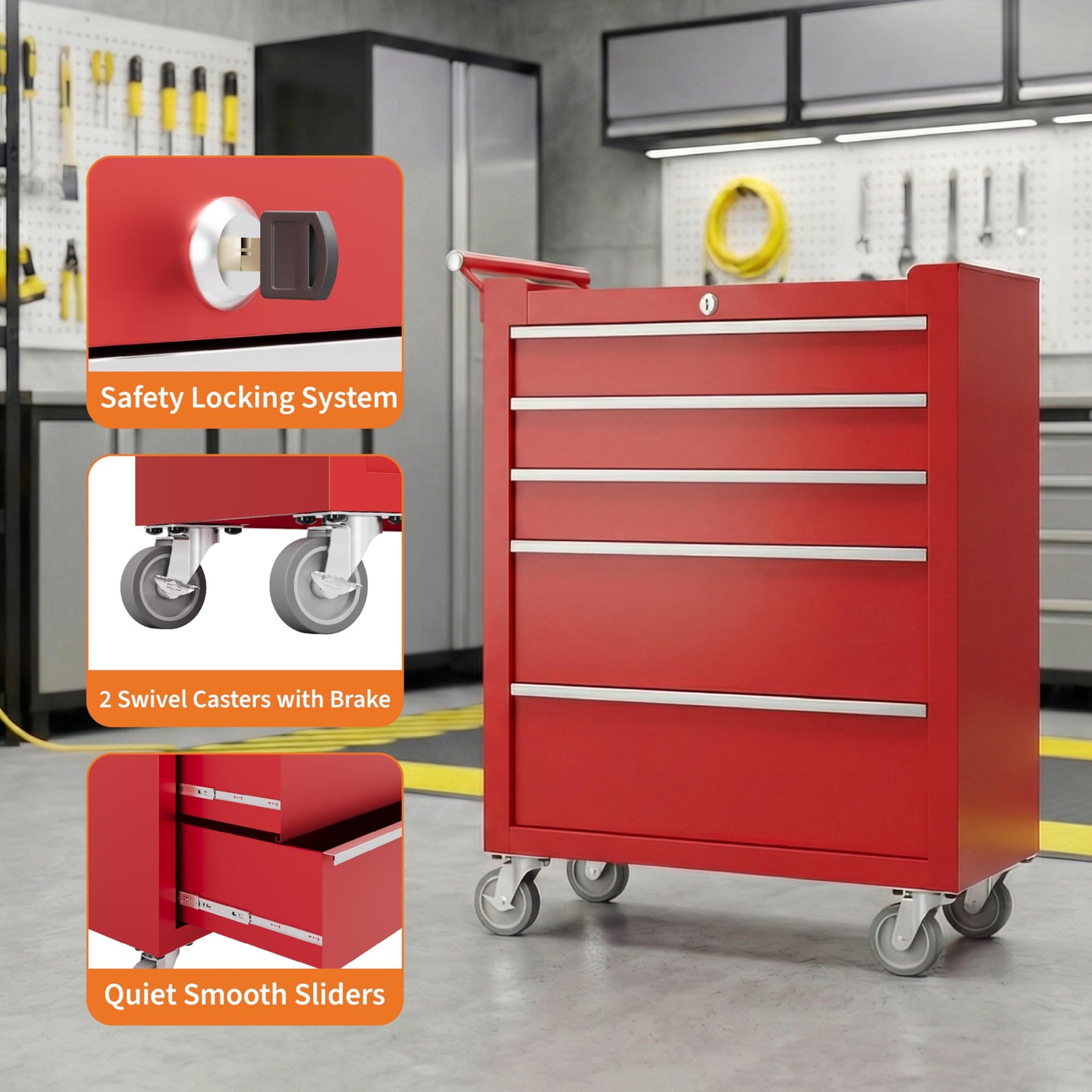 IDEALHOUSE Rolling Tool Chest, 5 Drawers Tool Storage Cabinet, Toolbox with Wheels, Portable Tool Cabinet Organizer with Locking System & Drawer Liners, Tool Storage Cart for Garage, Workshop, Red