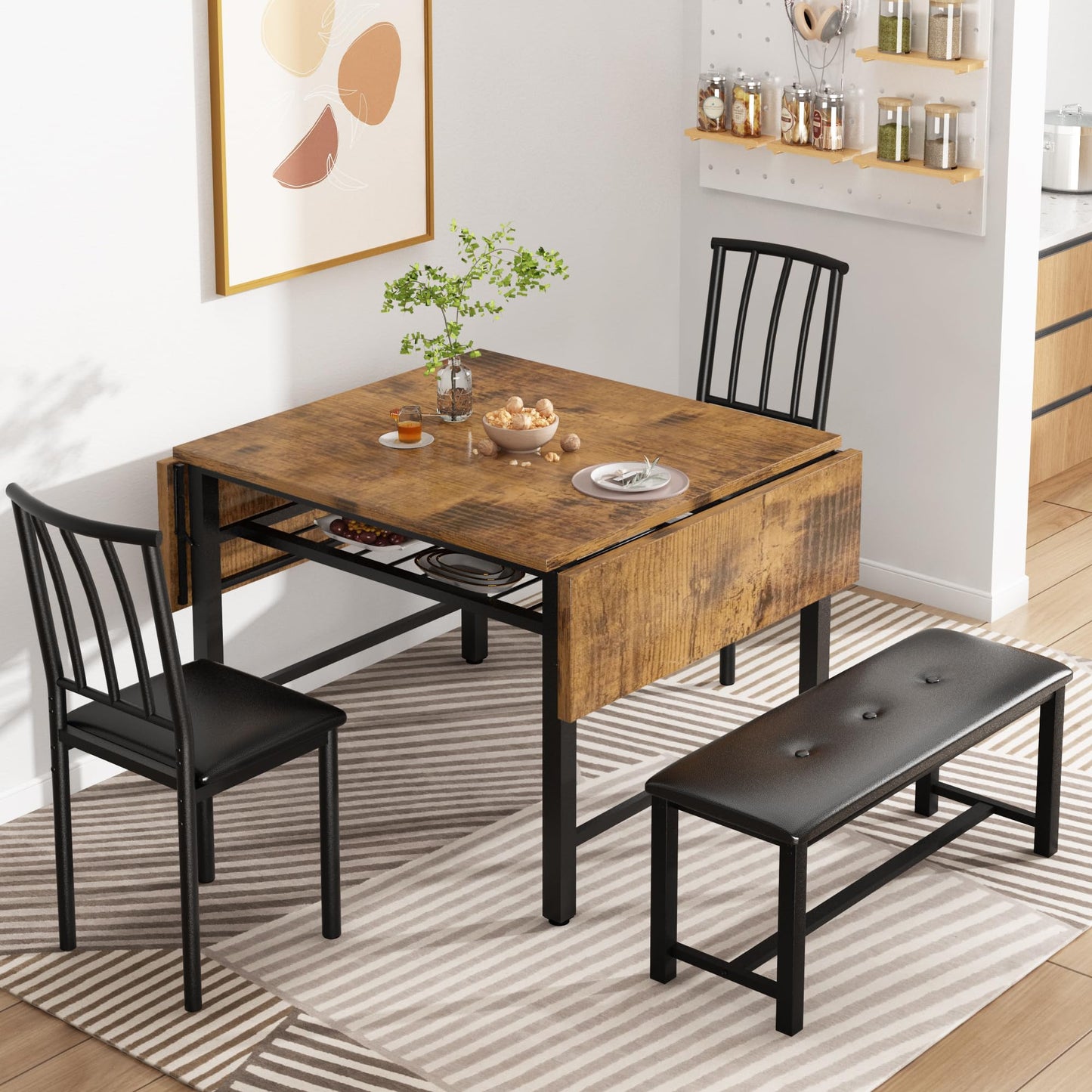Lamerge 4-Piece Dining Table Set for 3-6 People, 63" Extendable Kitchen Table Set with 1 Bench and 2 Backrest Chairs, Faux Wood Table Square Dining Table Set with Drop Leaf for Small Space