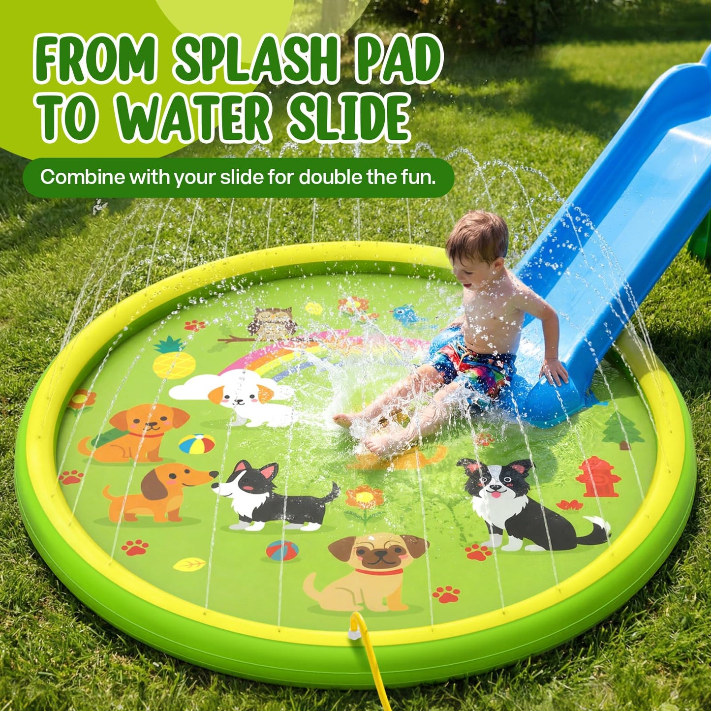 Peradix Splash Pads for Toddlers, 67" Kids Splash Pad with Inflatable Base, Dog Pattern Sprinkler Mat for Kids, Summer Water Toy for Backyard Garden Lawn, Baby Pool Learning Gift for Boys Girls Dogs