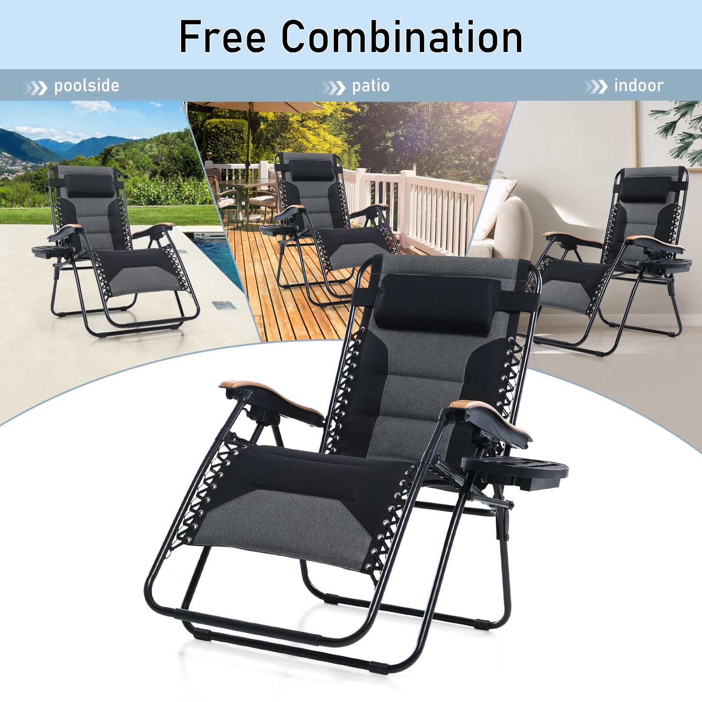 PHI VILLA XXL Oversized Padded Zero Gravity Chair Set of 2, Foldable Patio Recliner, 30" Wide Seat Anti Gravity Lounger with Armrest and Cup Holder, Support 400 LBS (Black)