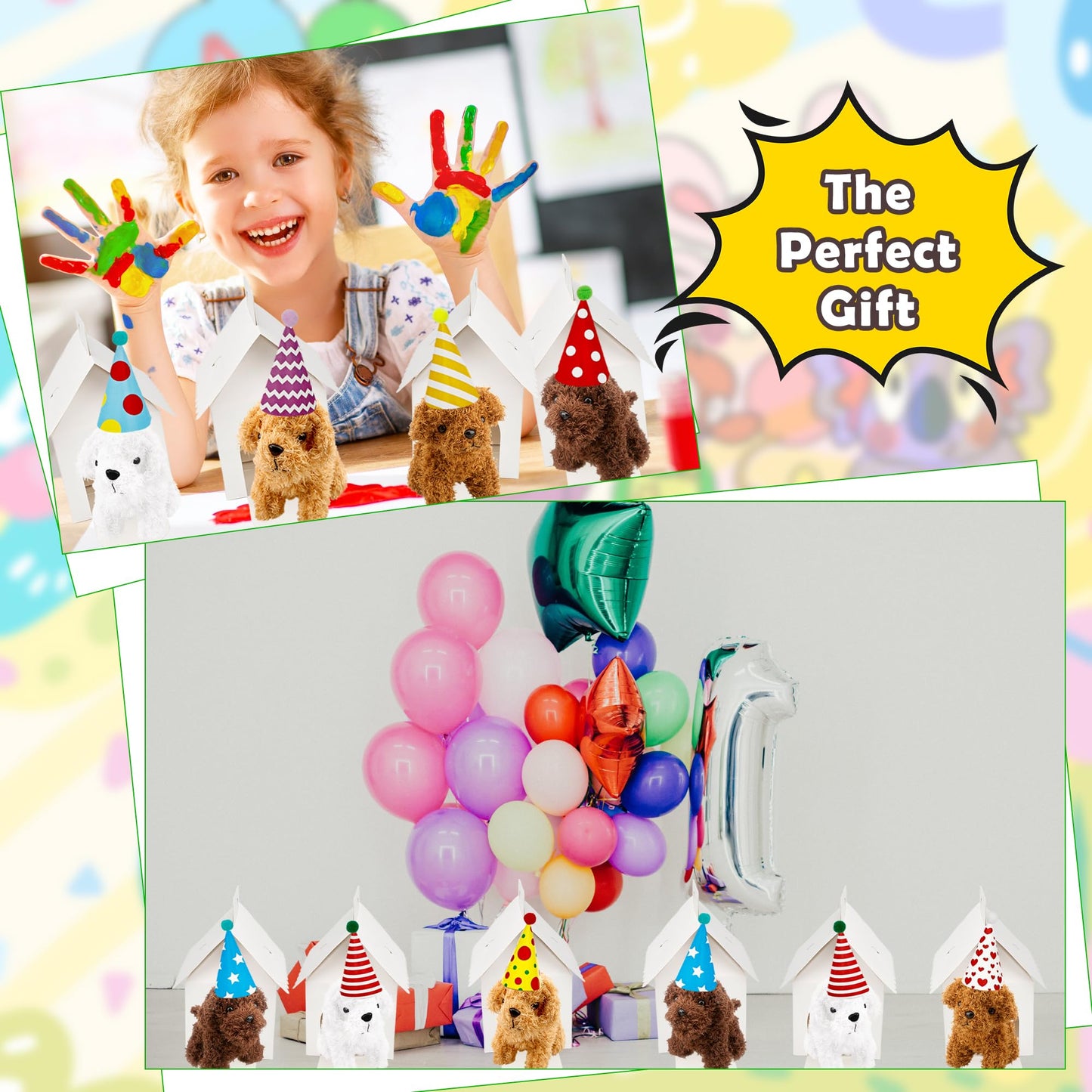 Norcoin 16 Set Mini Plush Dog Set Include Stuffed Puppy Dog House Paper Boxes Hat Stuffed Animal Toy for Adopt a Pet Theme Birthday Party Favor Gifts