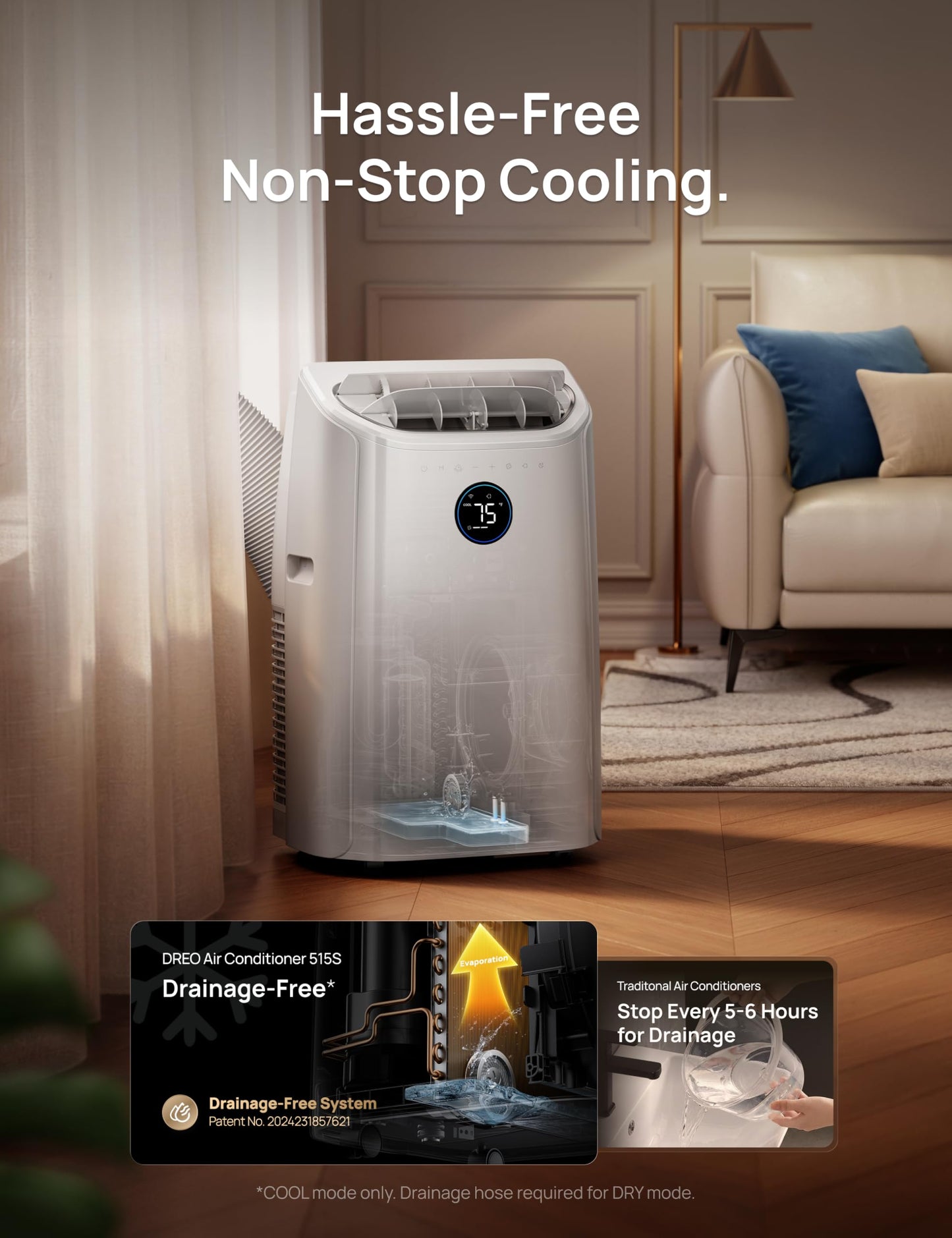 DREO Portable Air Conditioners, 12000 BTU ASHRAE (8000 BTU DOE) Smart AC Unit for Room with Drainage-free Cooling, APP/Voice/Remote, Fan & Dehumidifier, Quiet Standing AC for Bedroom, AC515S, White