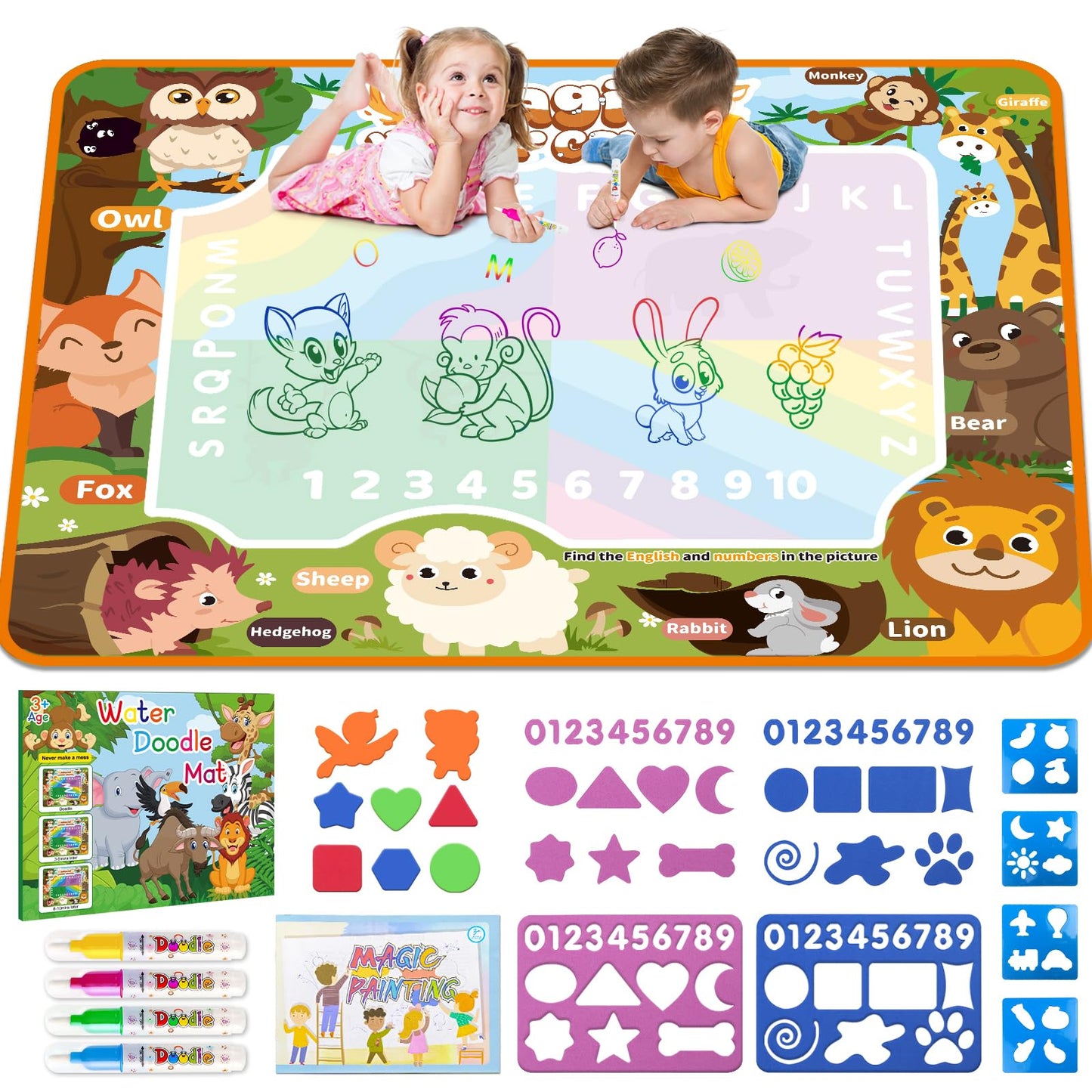 BlissfulBlend Water Doodle Mat Kids Mess Free Coloring for Toddlers 3 4 5 6 7 8 9 Years, 19 Pack Educational Toys, Doodle Mat with Magic Water Pens Boys Girls Christmas Birthday Holiday Present