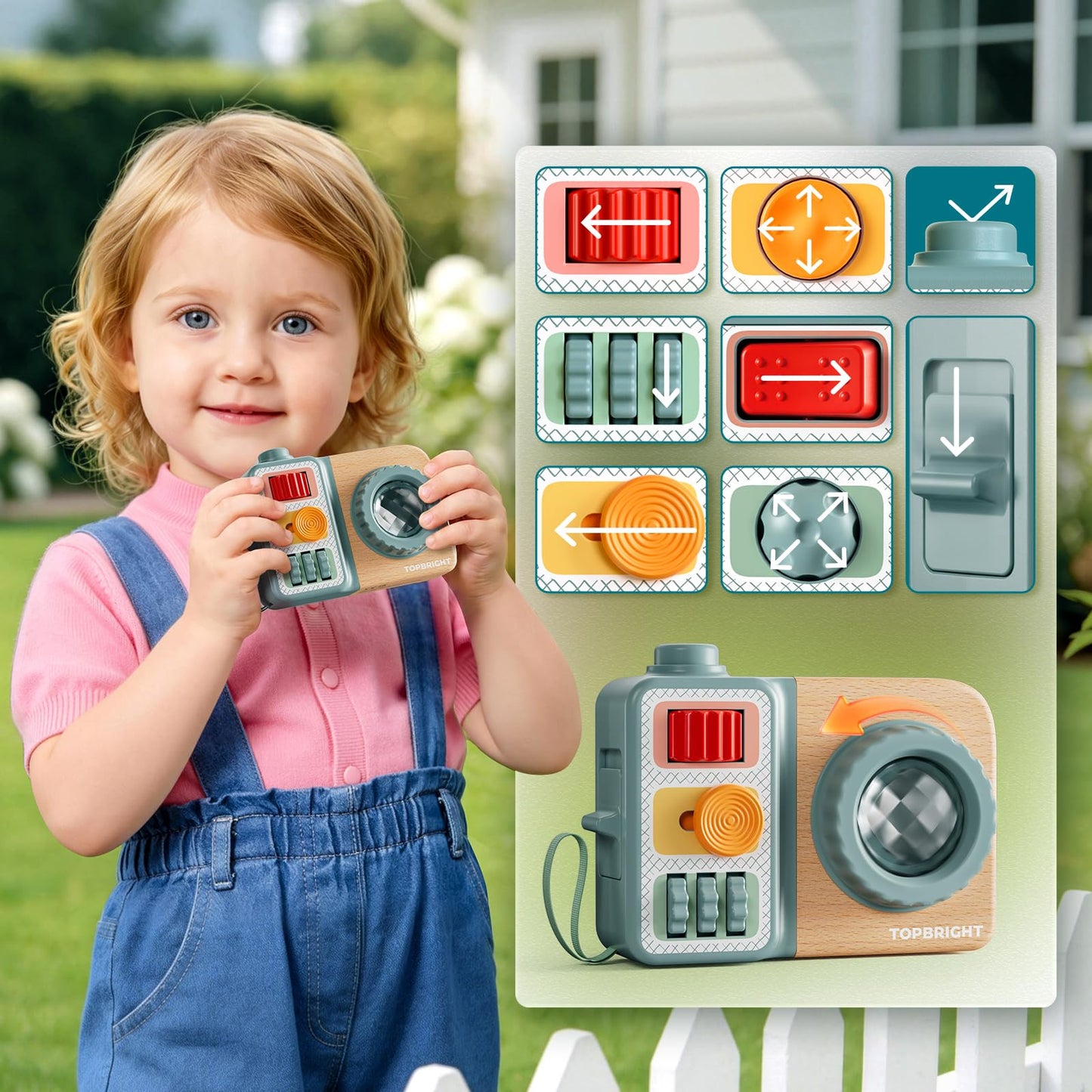 TOP BRIGHT Busy Board for 1 Year Old, Montessori Sensory Toys for Toddlers 1-3, Fine Motor Skills Busy Camera, Travel Toys for Babies 12-18 Months on Airplane Car, 1 Year Old Boy Girl Birthday Gifts