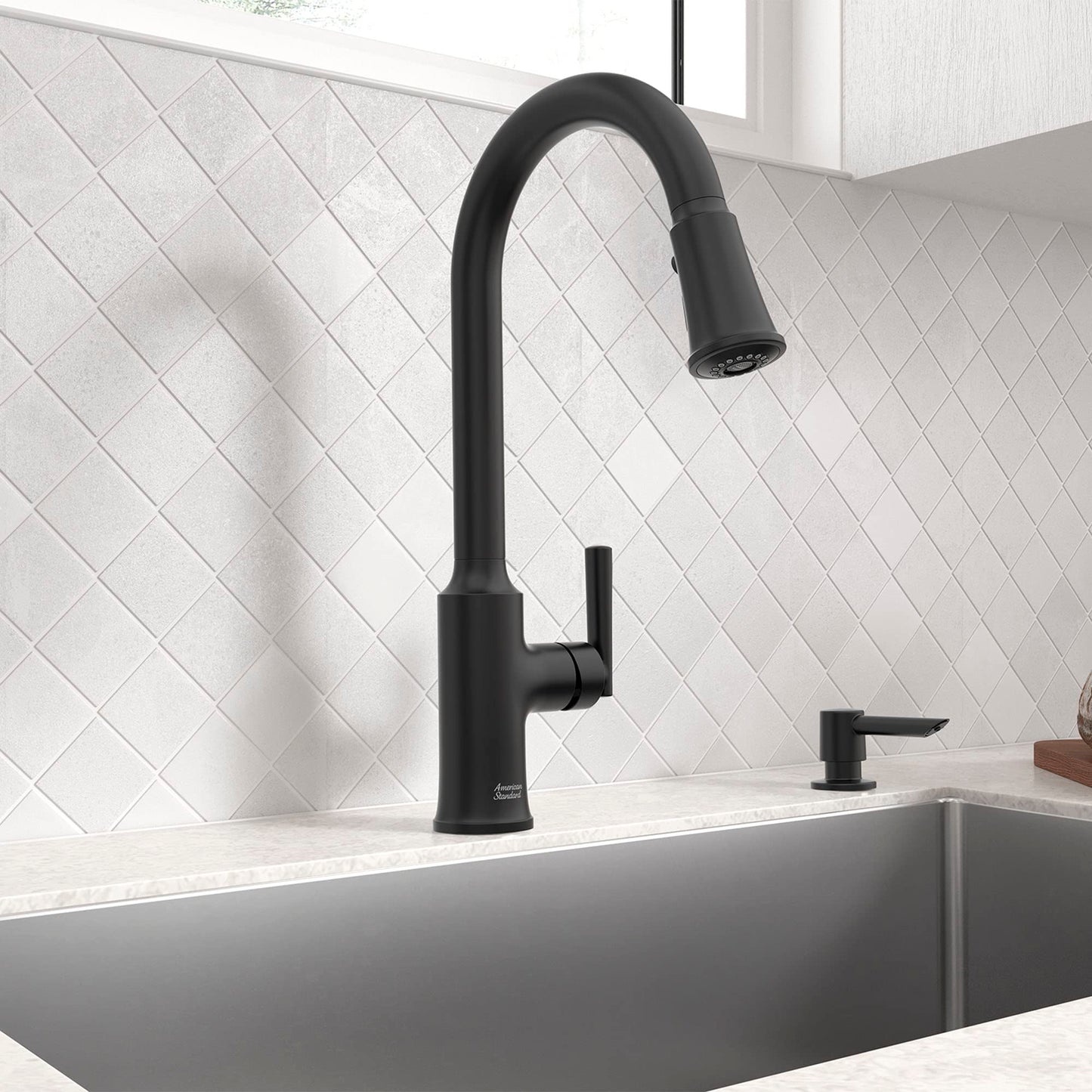 American Standard 7421300.243 Raviv Pull-Down Kitchen Faucet with Sprayer and Soap Dispenser Matte Black