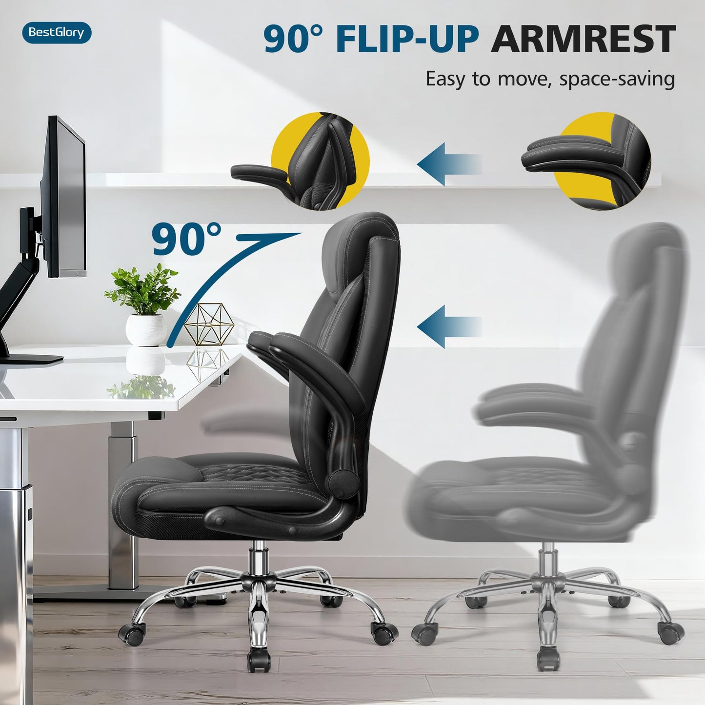 Office Chair, Executive Leather Office Chairs with Rocking Function, Big and Tall Ergonomic Computer Chair with Lumbar Support Flip-Up Armrests, Comfortable Gaming Chairs for Home Ofiice