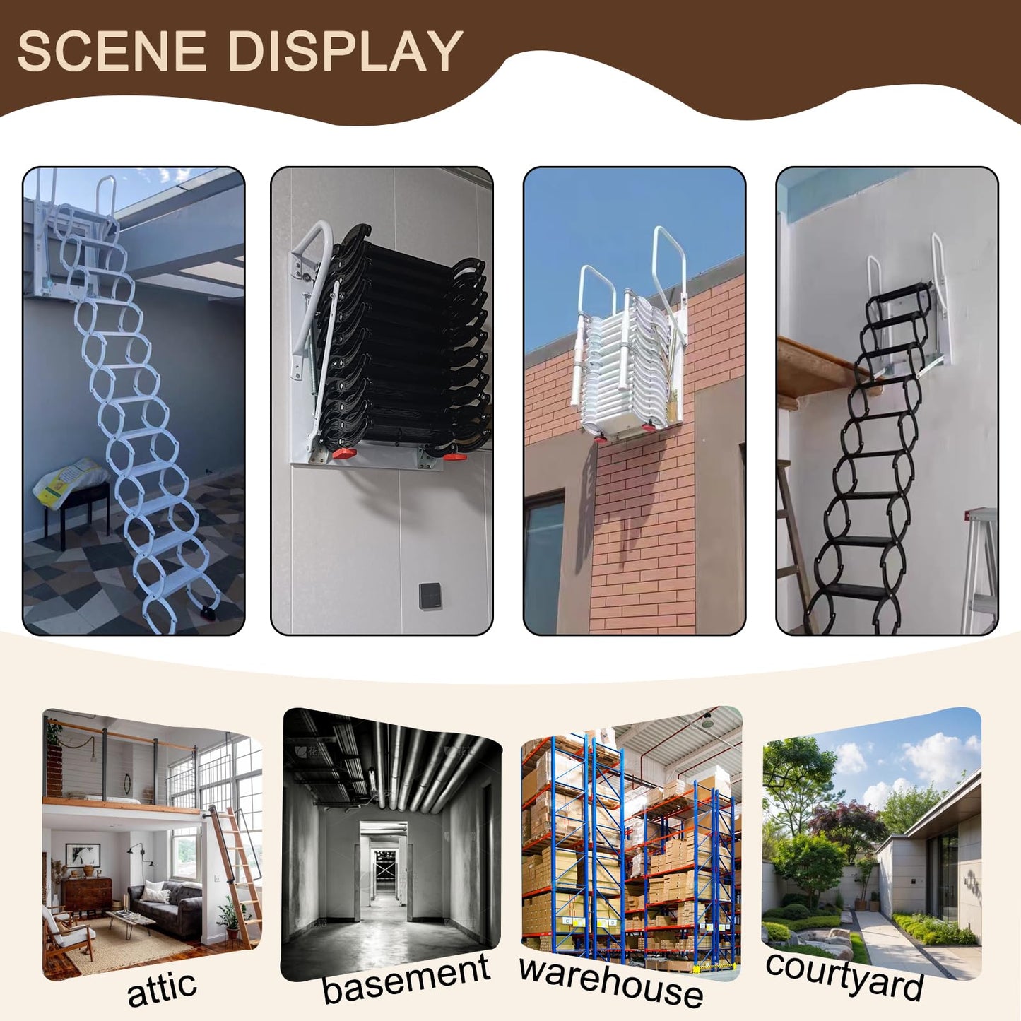 Wall-Mounted Folding Stairs for Attic, Outdoor Attic Ladder Pull Down System, Retractable Loft Ladder with Armrests Handle, 12 Pedal Steps Extension Staircase Up to 600lbs (White, 12 Steps)