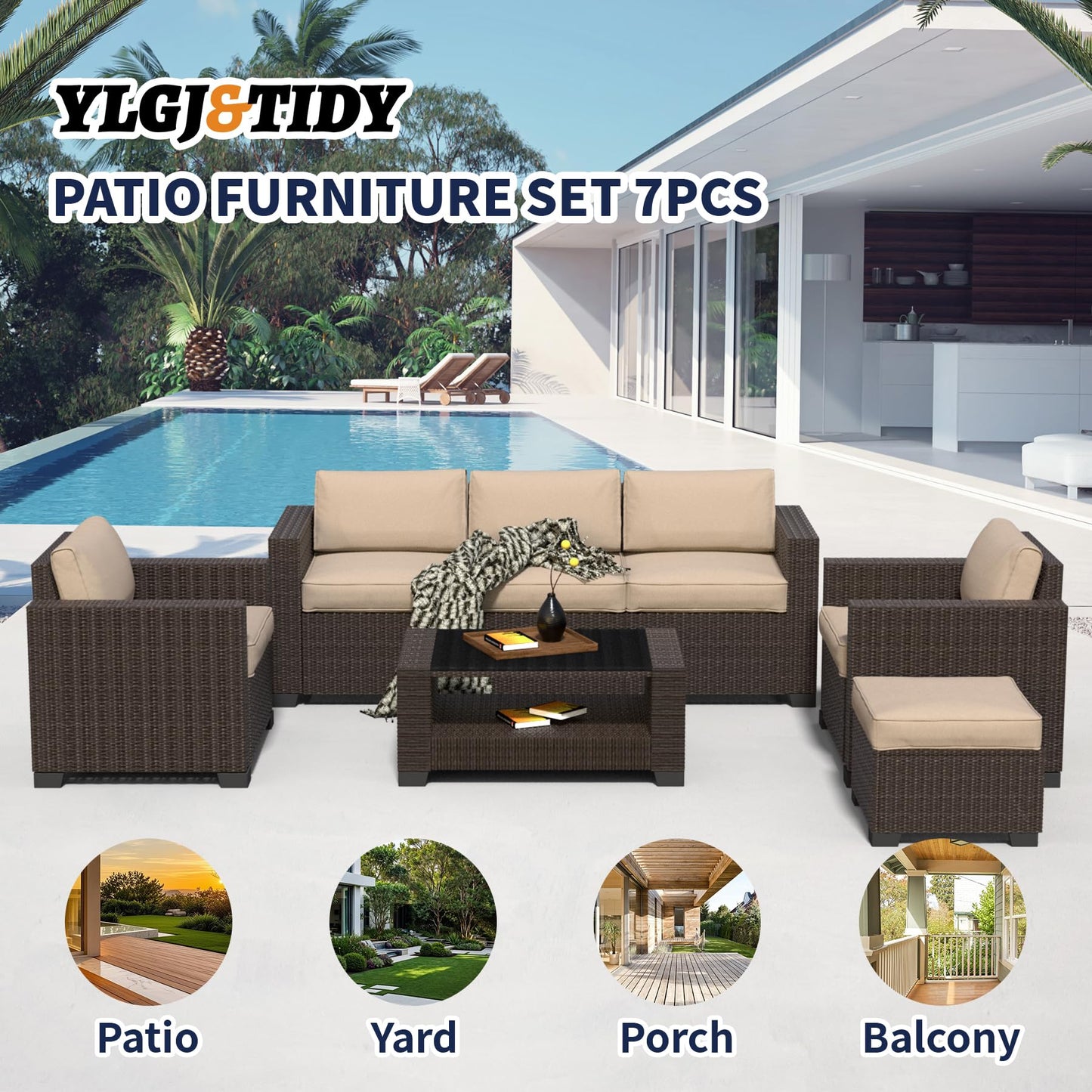 7 Pieces Patio Furniture Set Wicker Outdoor Furniture All-Weather Outdoor Sofa with Thick Cushions & Coffee Table Patio Conversation Set for Lawn, Patio, Balcony, Deck, Poolside, Brown&Beige