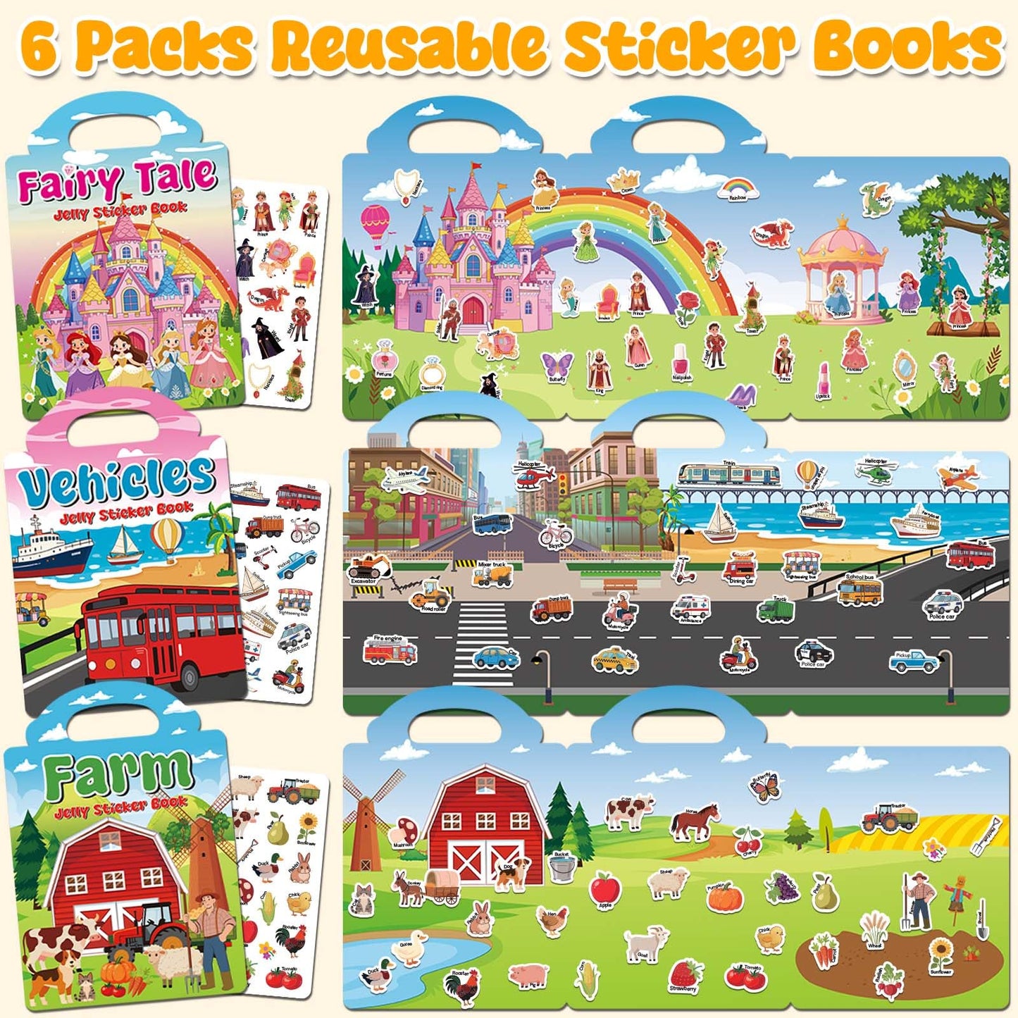 LYNKTOTS 6 Sets Reusable Sticker Books for Toddlers 3+ Years, Jelly Sticker Book for Kids, Travel Stickers Activity Book Travel Toys for Toddlers