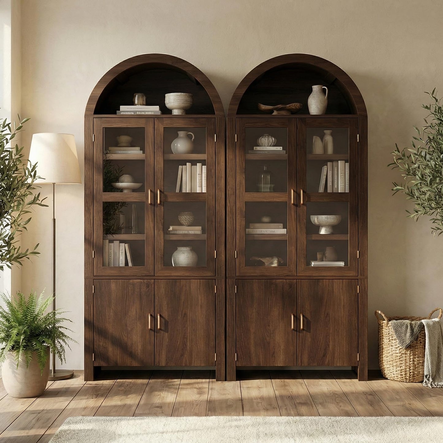 Breezestival 71" Tall Arched Kitchen Pantry Cabinet, Modern Farmhouse Wood Kitchens Storage Cabinets, Cupboard for Dining Room, Kitchen, Bathroom, Brown