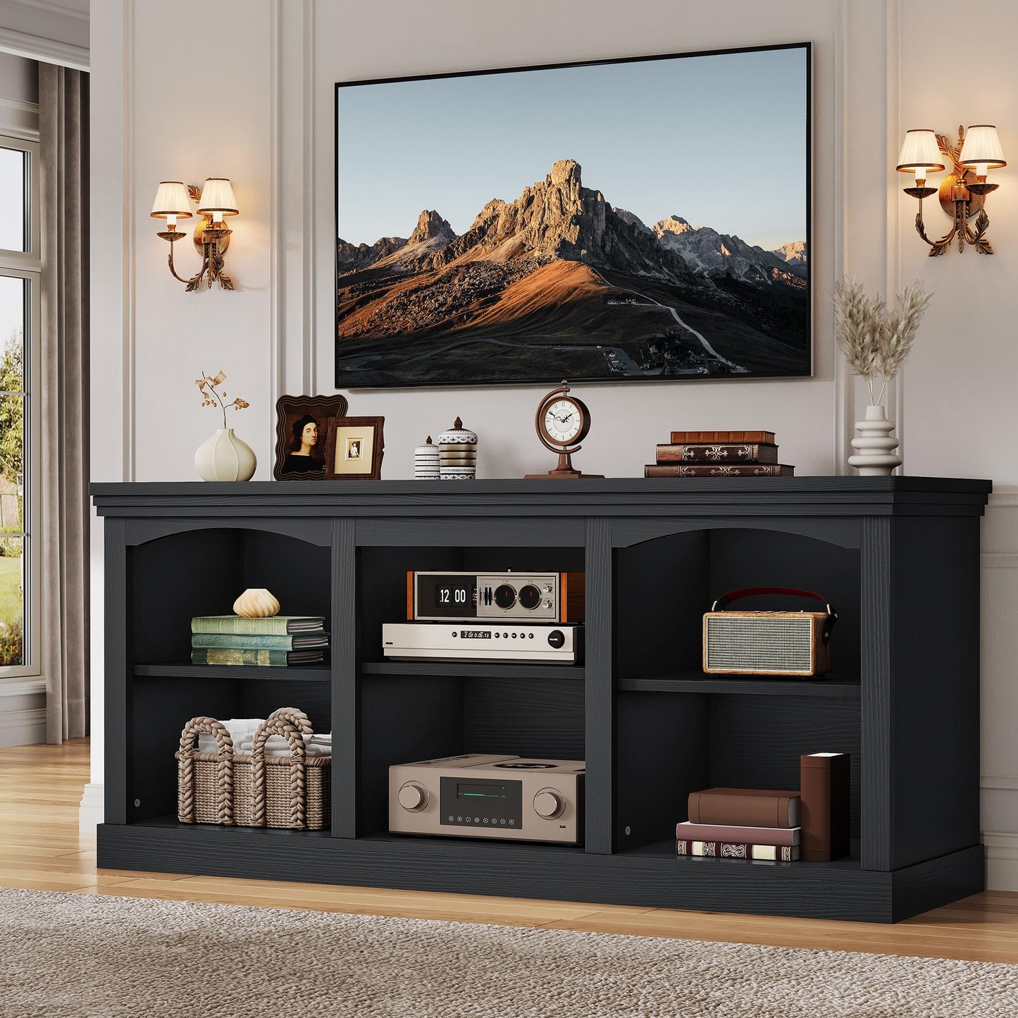 YITAHOME Farmhouse TV Stand with Cord Management for 75/80 Inch TV, Entertainment Center with Adjustable Shelf & Open Storage, 70" TV Console Table for Living Room (Black)