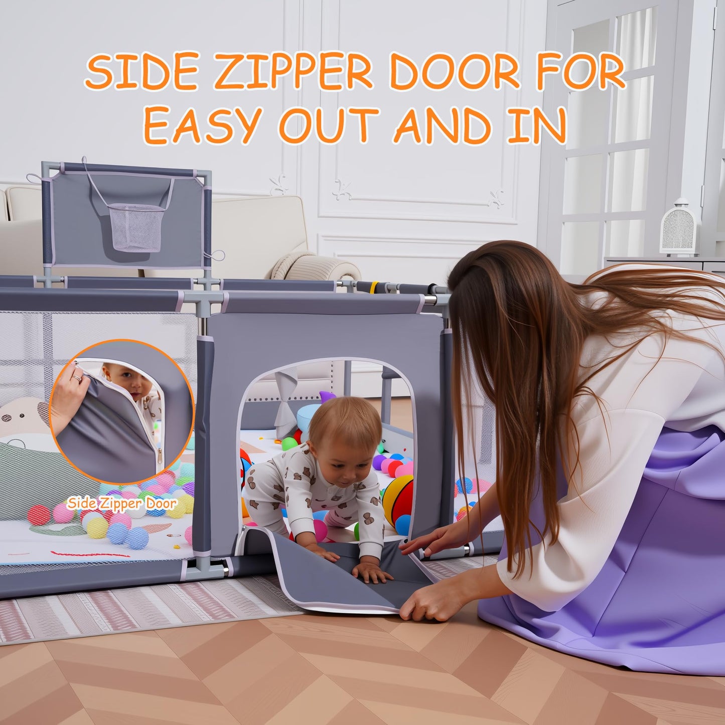 Baby playpen, 79"x71"Baby Playpen with Mat Indoor＆Outdoor Playpen for Babies and Toddlers with Breathable Play Pen with Ocean Balls Hanging Pocket Basketball Hoop (Gray)