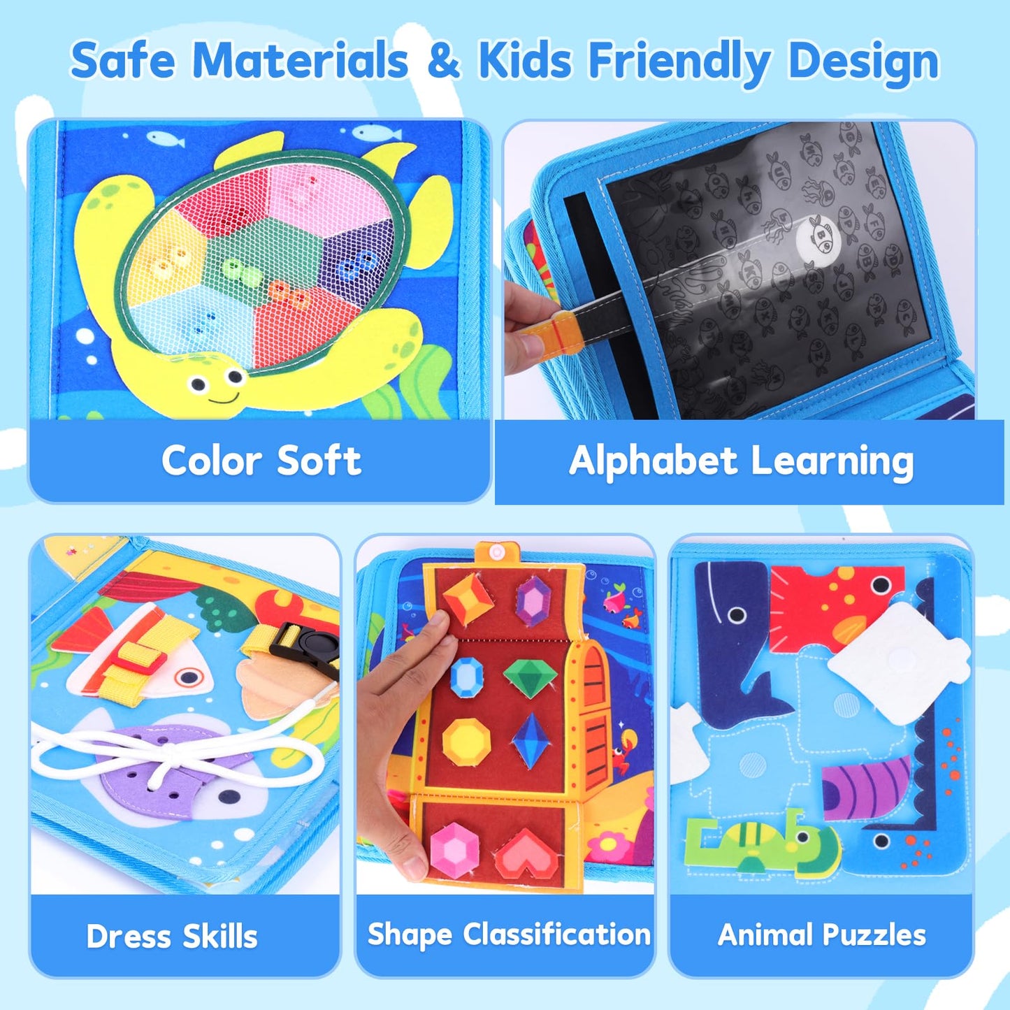 FoenixArte Ocean Busy Book for Toddlers 1-3, Montessori Quiet Book with 20 Activities, Travel Toy for Fine Motor Learning, Gift for Boys Girls