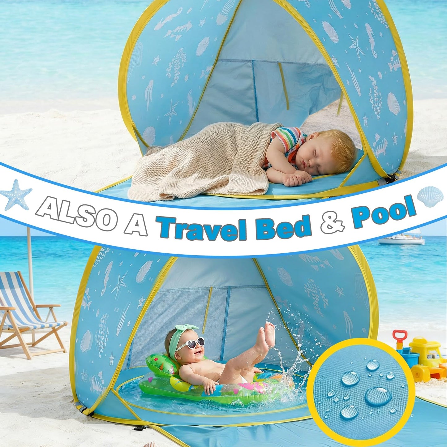 3-in-1 Baby Beach Tent, Pop-Up Baby Pool Tent with UPF 50+ Sun Protection, Portable Sun Shelter for Infants and Toddlers Outdoor Play