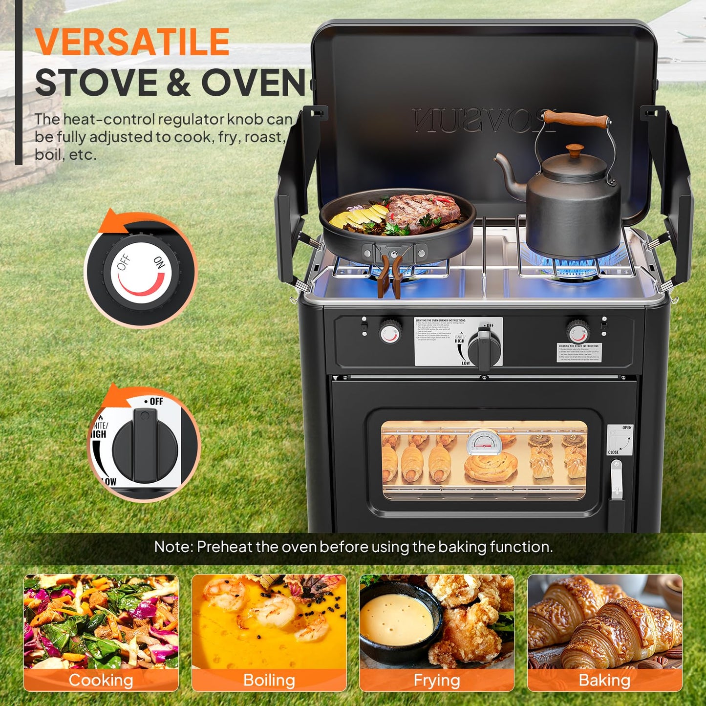 ROVSUN 2-in-1 Portable Camping Stove & Propane Oven with Piezo Igniter, 2 Burner Stove & Outdoor Oven with Adjustable Fire, Thermometer, Wind Panel & Regulator for Traveling, Tailgating (Black)