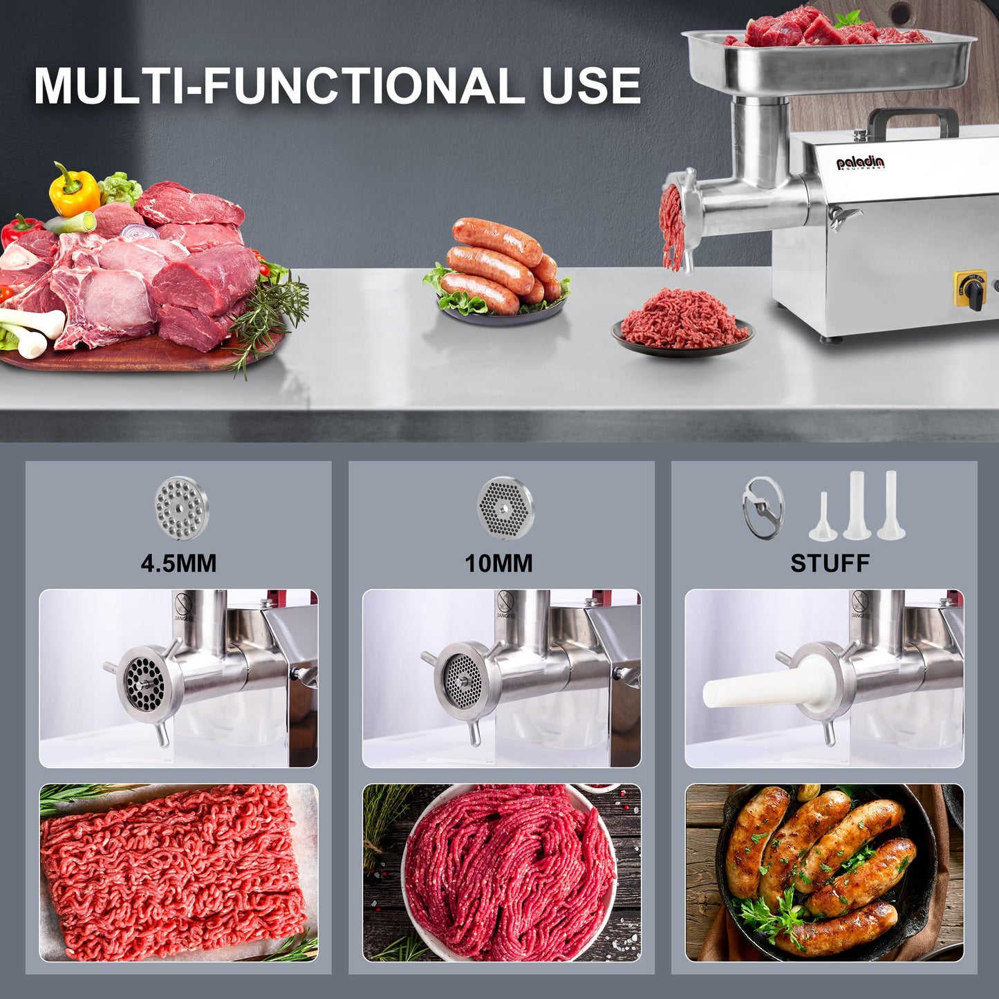Paladin Equipment #12 Electric Commercial Meat Grinder Machine, 14 lbs Per Minute, 1 HP Heavy Duty Stainless Steel Meat Grinder with sausage stuffer, Ideal for deer processing, Pet Food,Heavy Use