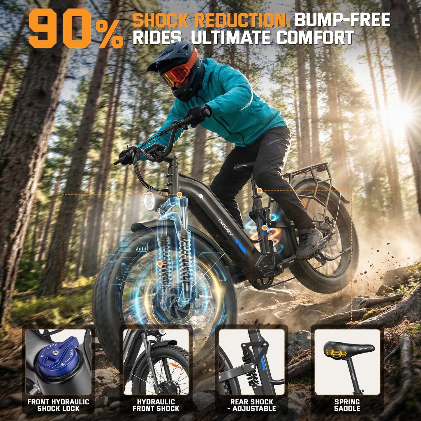 FREESKY Dual Motor Electric Bike for Adults 3500W Fast Ebike 105Miles Long Range 48V 25A Electric Mountain Bike 34MPH Dirt E Bike 26'' Fat Tire Full Suspension Electric Bicycle for Women/Man Blue