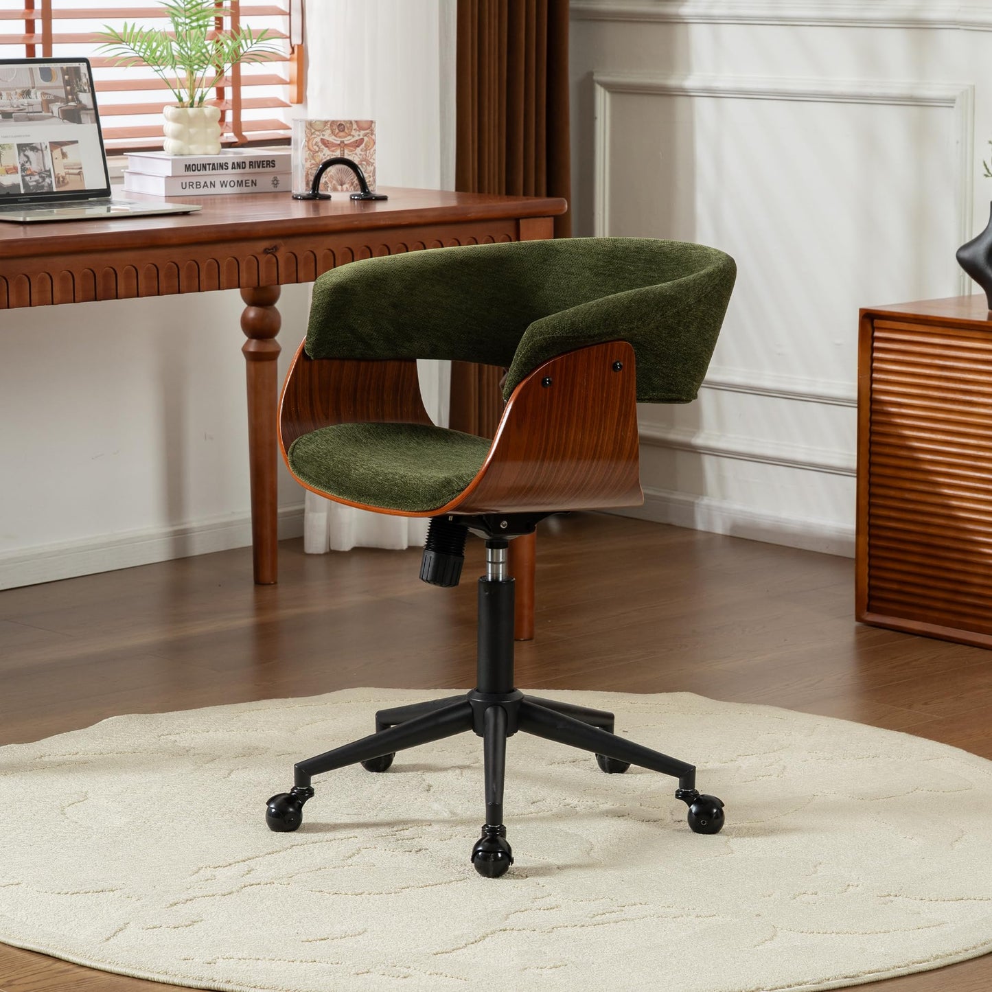 ROHASID Modern Home Office Chair, Comfy Computer Desk Chair with Wheels, Height Adjustable, Rolling, Swivel Fabric Task Chair with Ergonomic Curved Back for Bedroom, Office, Vanity, Green