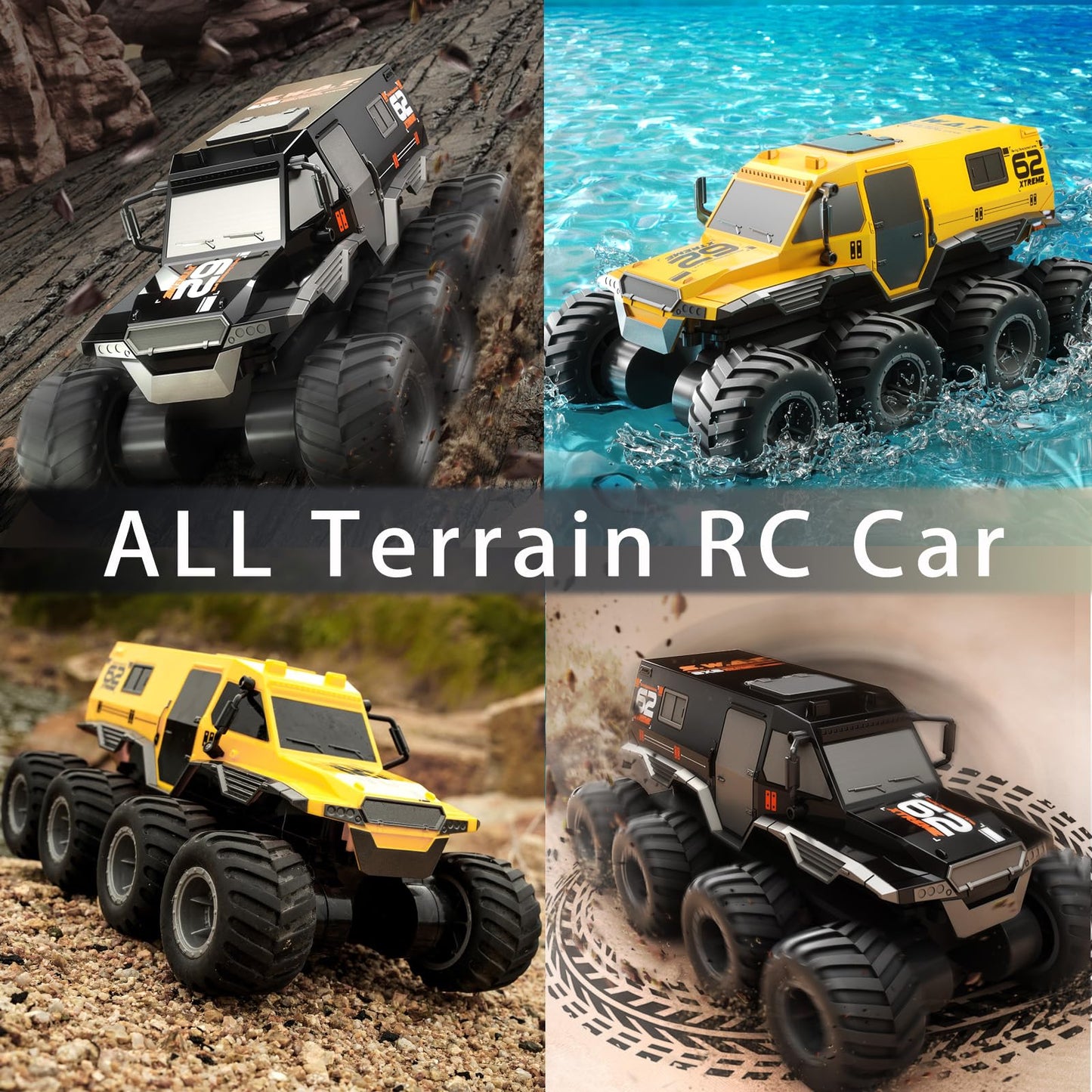 KB KAIBO 1:12 Large Amphibious Remote Control Car Monster Truck - 8WD All Terrain Waterproof Toy for Kids, 7.4V High-Speed Remote Control Car for Boys Girls Ages 6-12, Perfect Birthday Gifts -Yellow