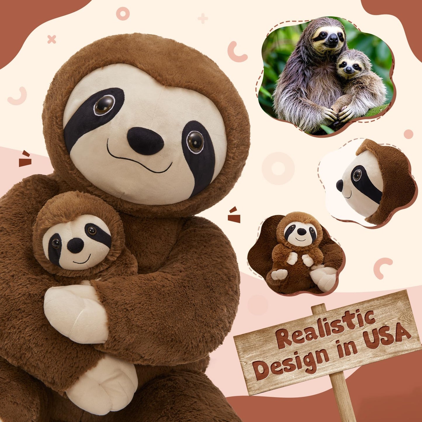 MorisMos Giant Sloth Stuffed Animal Hugging Plush Toys Duo,38" Big Mama and Baby Plush Sloth Toys for Kid Girl Boy,3ft Giant Stuffed Animals Gift for Birthday Baby Shower Decor Valentine's Christmas