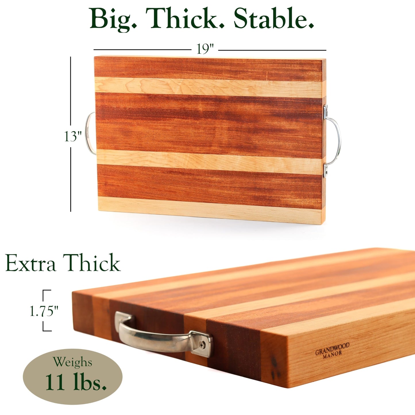 Grandwood Manor Mahogany & Maple Cutting Board & Charcuterie/Serving Platter with Stainless Steel Handles (19 x 13 x 1.75)
