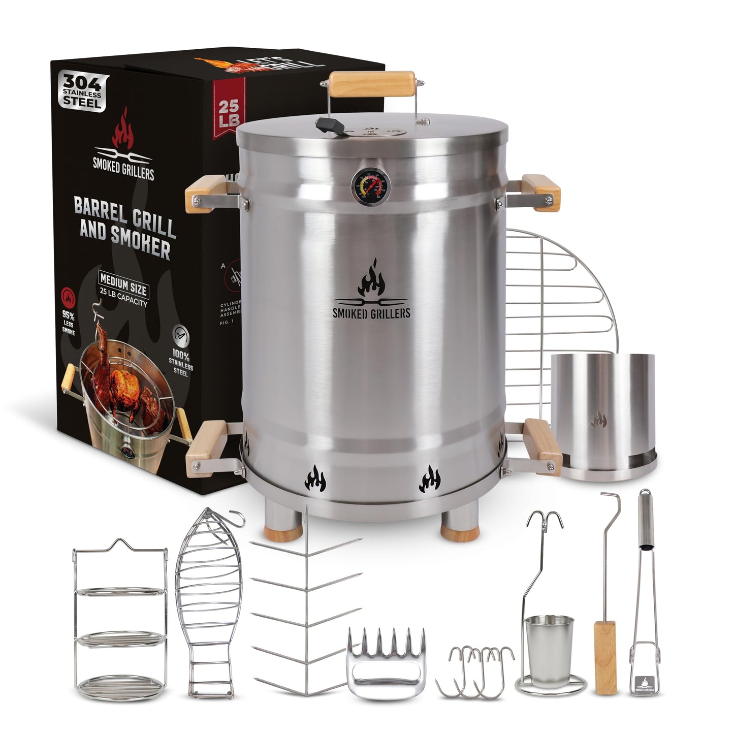 Smoked Grillers Barrel Smoker Grill Combo | 100% 304 Stainless Steel Barrel | 95% Less Smoke, Even Heat | Easy to Use & Clean – Vertical Smoker Ideal for Balconies and Backyards (MEDIUM-25 LBS)