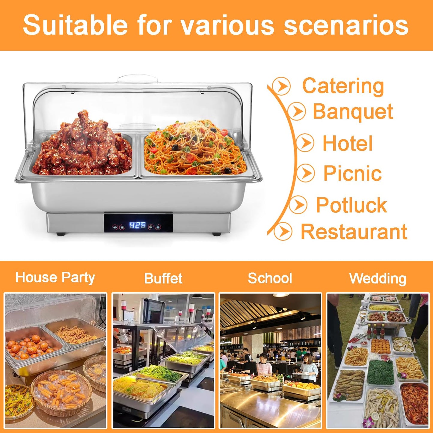 Electric Chafing Dish, 12 QT Full Size Buffet Servers and Warmers with Temperature Control Display Stainless Dish Set Pan for Catering Food Warmer for Catering Parties
