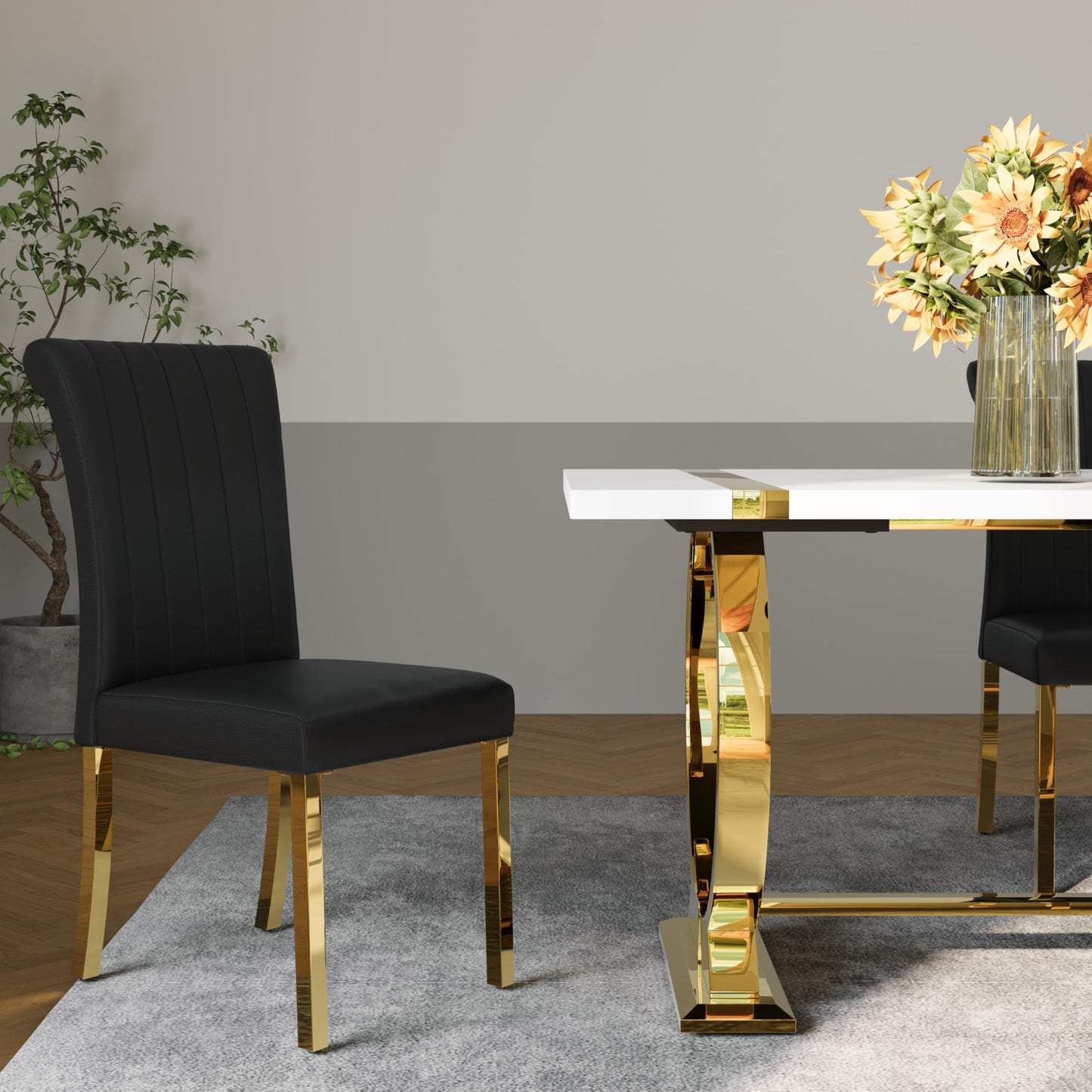 Asday Dining Table Set with 6 Chairs PU Upholstered, 80 Inch White Dining Table Polished Gold U Shape Legs, Modern Rectangle Dinner Table Set for Kitchen