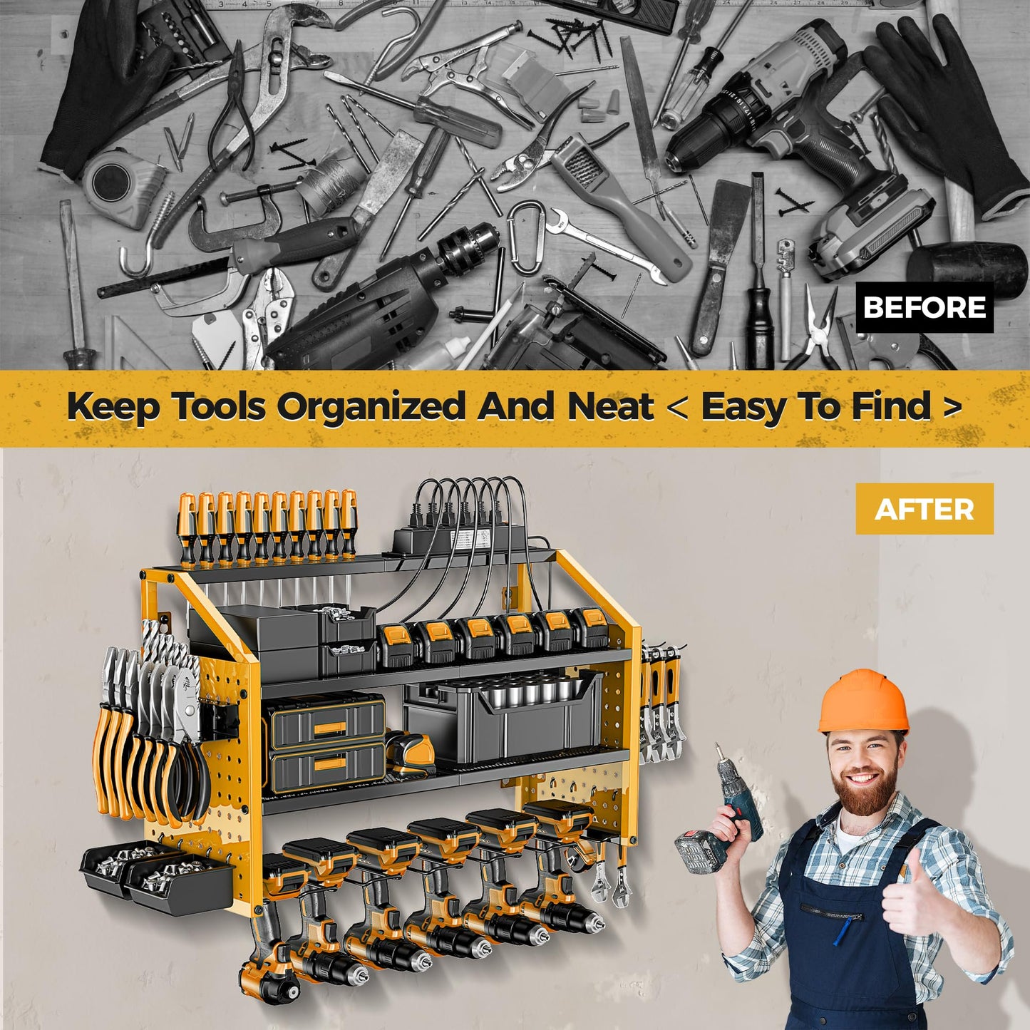LBT Power Tool Organizer With Charging Station,Patented,Heavy Duty Steel,6 Drilling Rig Sizes With Hooks And Screw Boxes,6 sockets,Easy To Install Garage Storage Rack,Great Gift For Men, Yellow