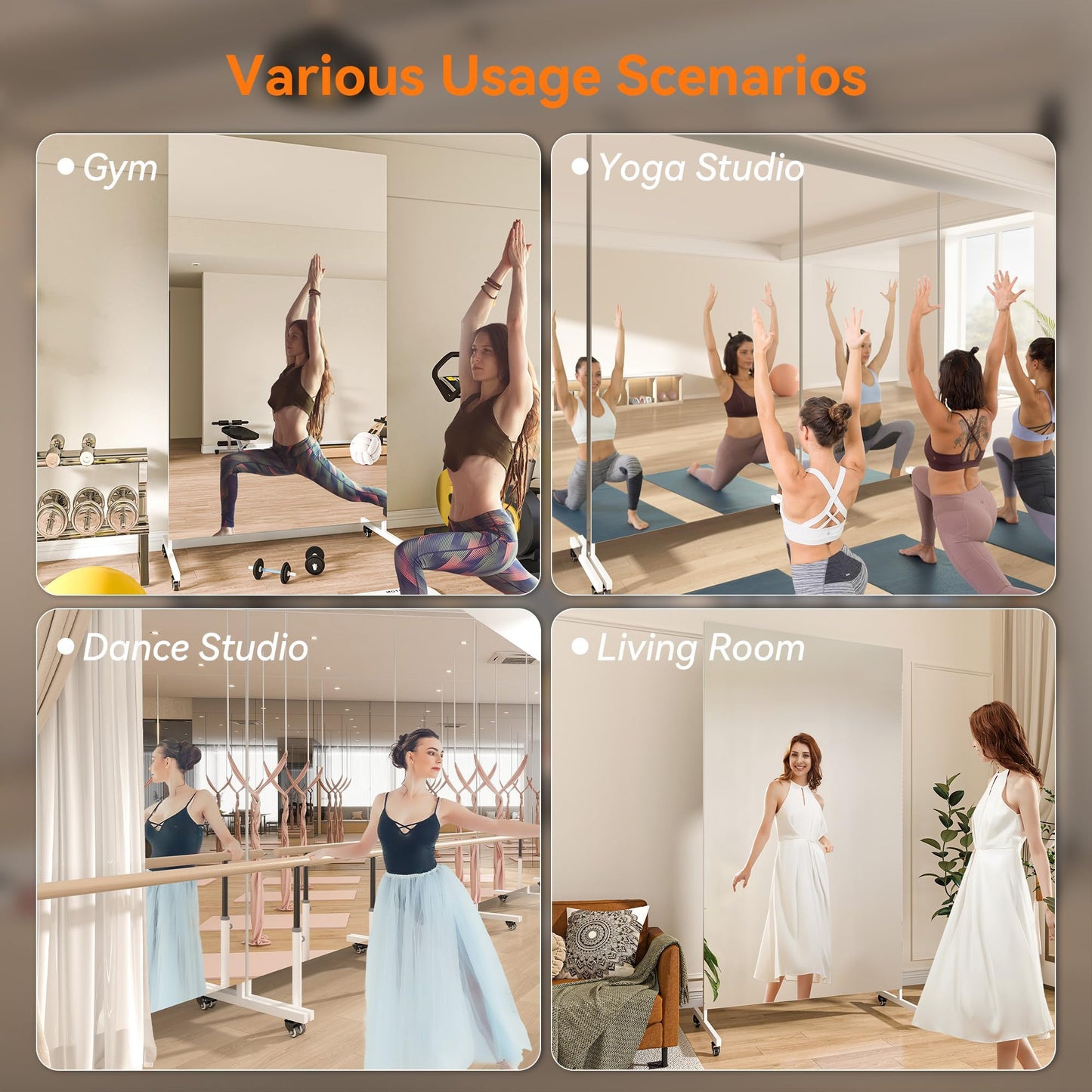 Hasipu Home Gym Mirror 360° Swivel on Wheels, 74.8" x 35.4" Extra Large Full Body Rolling Mirror for Yoga Studio, Bedroom, Dancing Studio, White