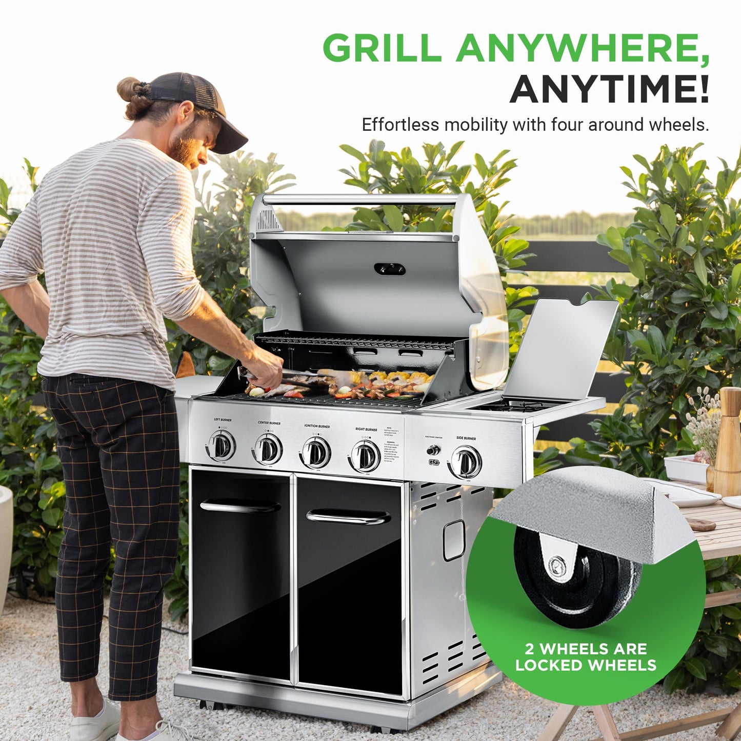 NutriChef Heavy-Duty 5-Burner Propane Gas Grill - Stainless Steel, 52,000 BTU, 4 Main Burners + Side, Electronic Ignition, Built-in Thermometer - NCGRIL2.5