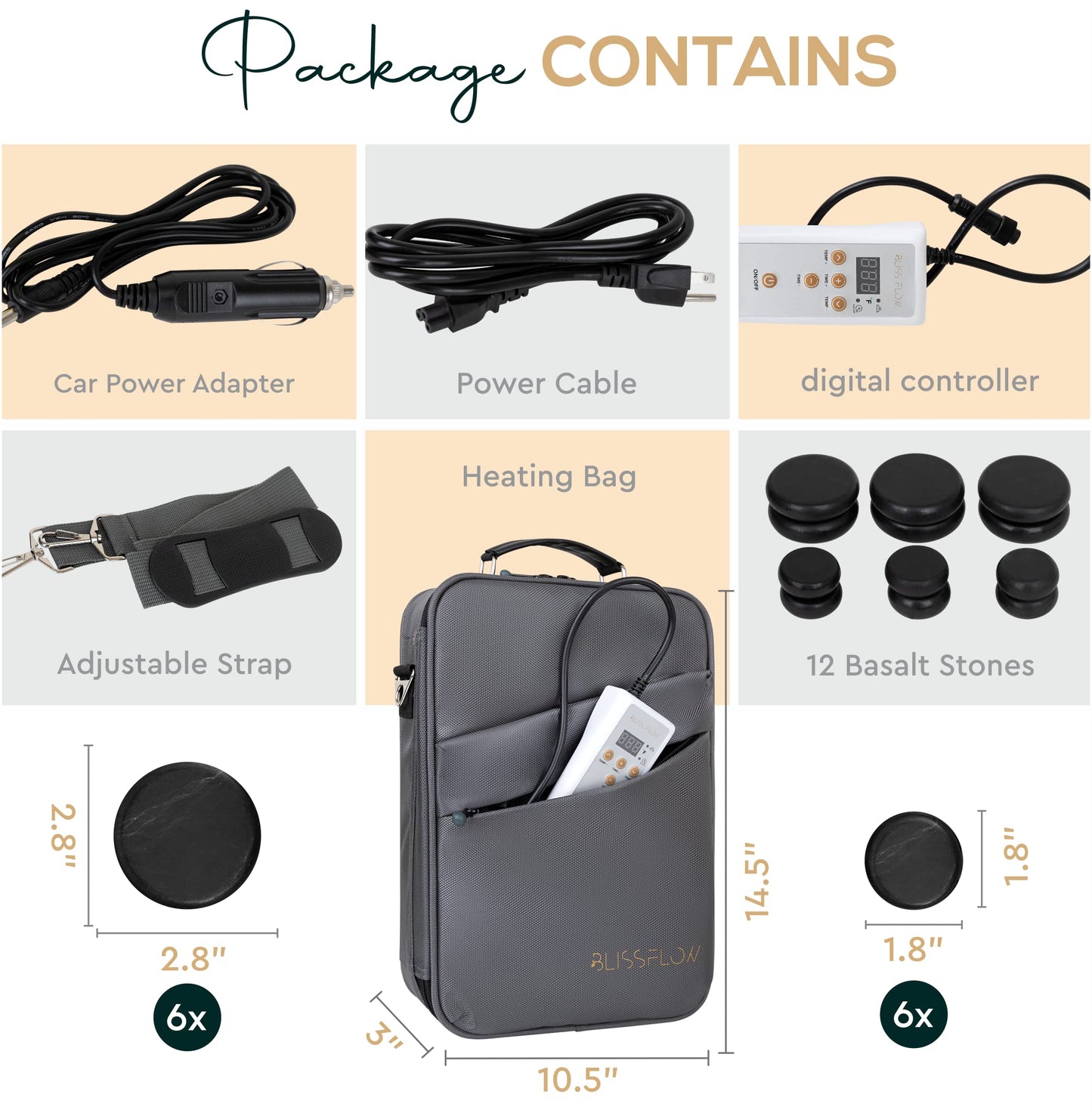 BlissFlow Hot Stones Massage Set with Warmer Kit – 12 Basalt Massage Stones – Digital Electric Stone Warmer & Portable Heater – Hot Stones for Massage in Travel Carrying Bag