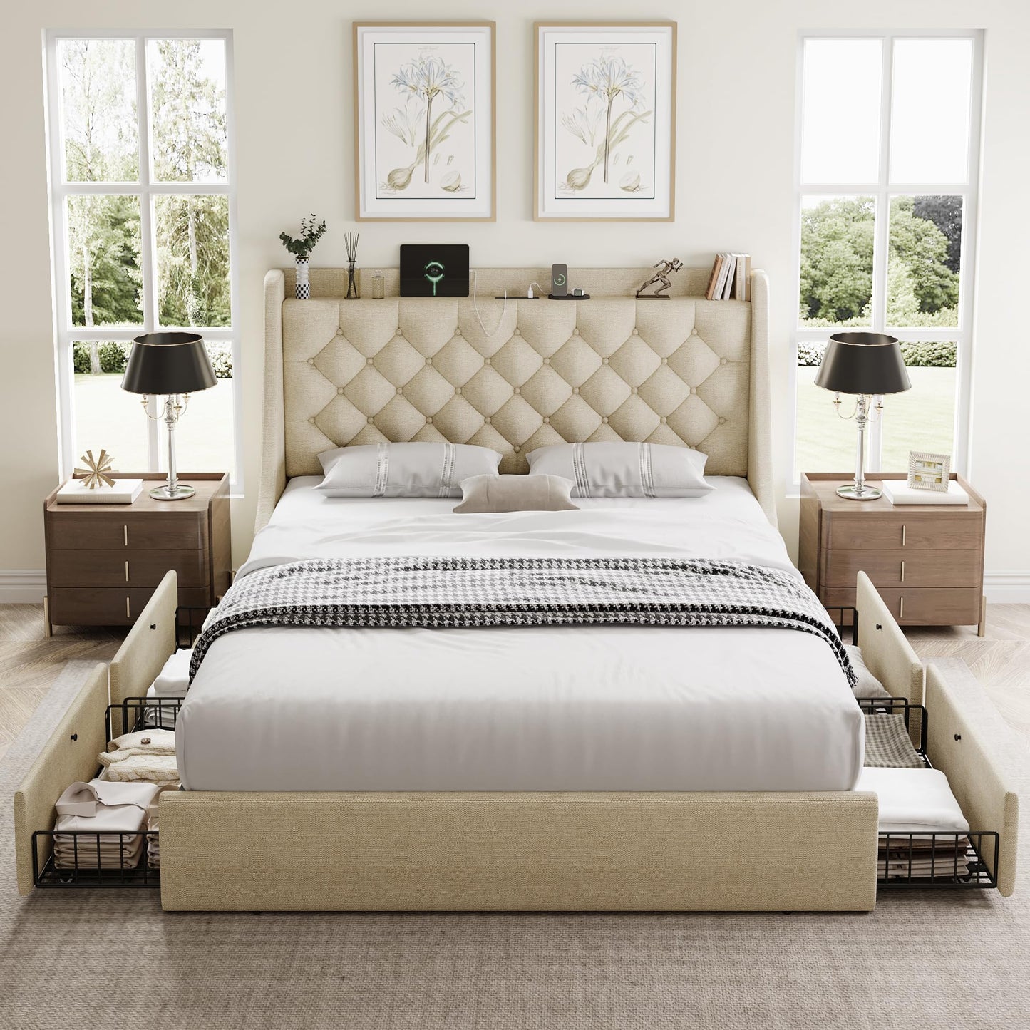 GalnFu Queen Bed Frame with 4 Storage Drawers, Huge Upholstered Wingback Headboard, Fast Charging Station, No Box Spring Needed, Noise-Free, Beige