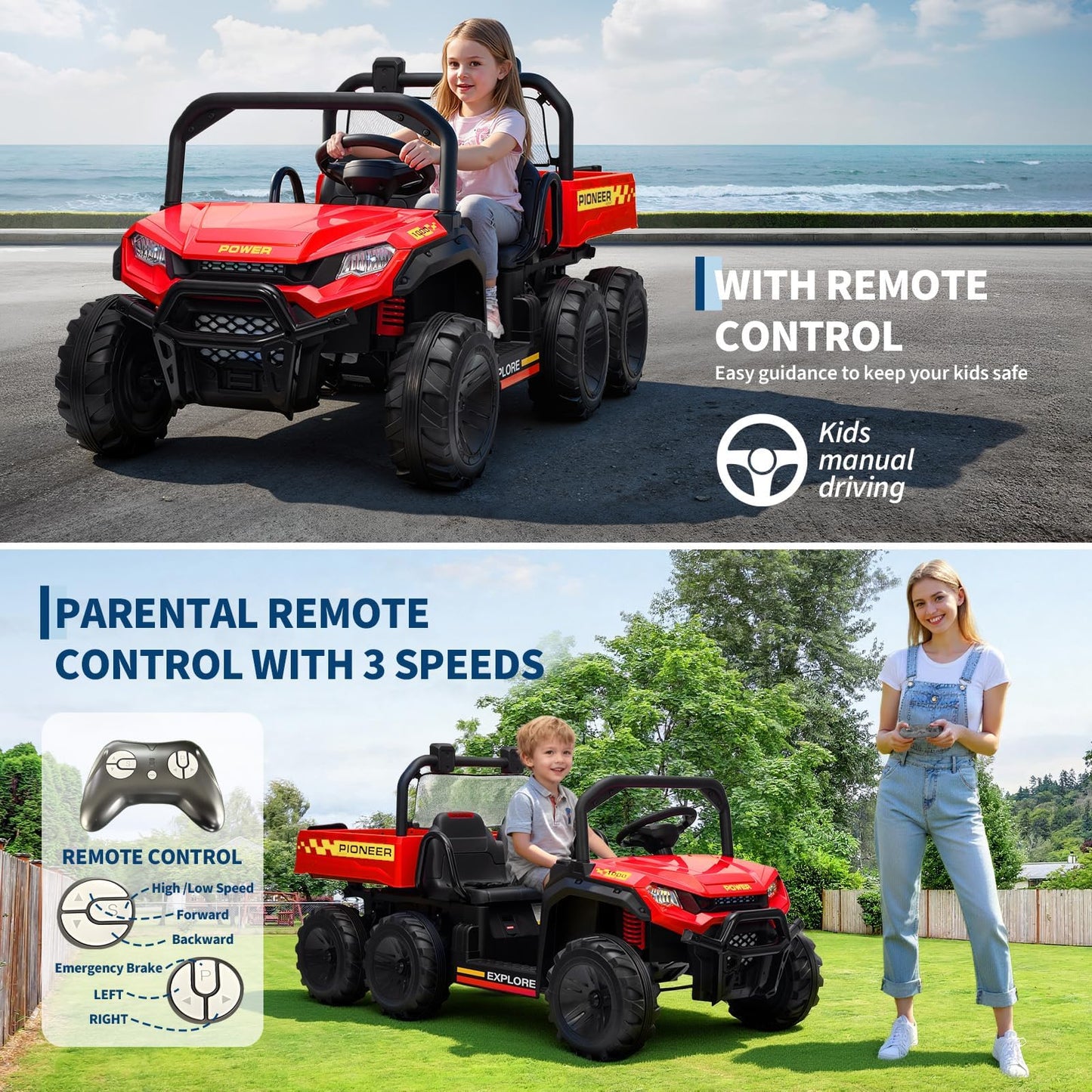 24V Electric Ride-on Dump Truck for Kids, 4WD Ride-On Car for Kids, 2-Seater UTV with Remote Control, Off-Road Electric Vehicle for Boys & Girls Outdoor Play