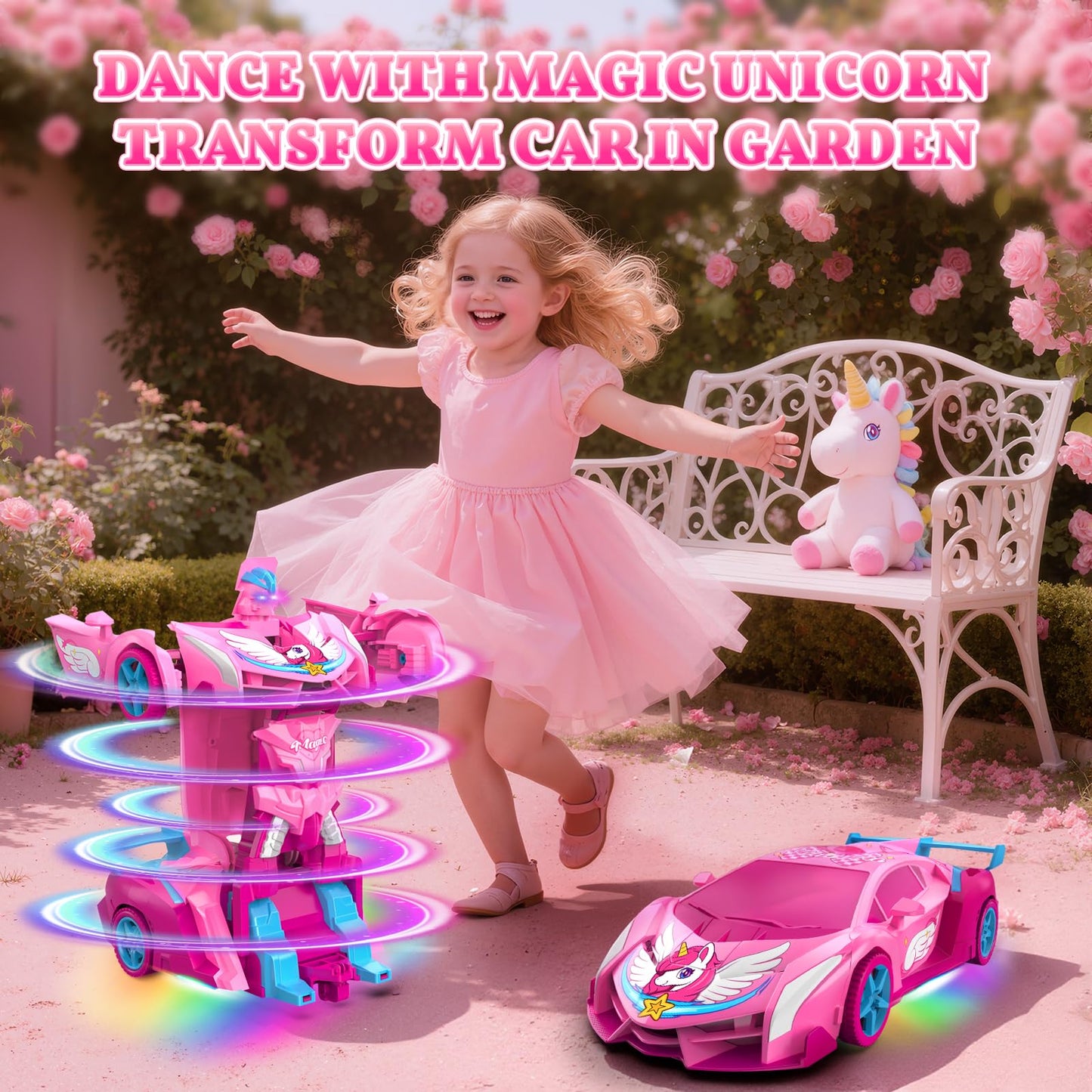 Unicorn Transform RC Cars for Girls Toys with Rainbow Eyes & Underbody Lights, Fast 360°Rotation&2.4GHz Robot Remote Control Car One-Button Deformation,Kids Toys Birthday Gifts for 3-12 Year Old Girls